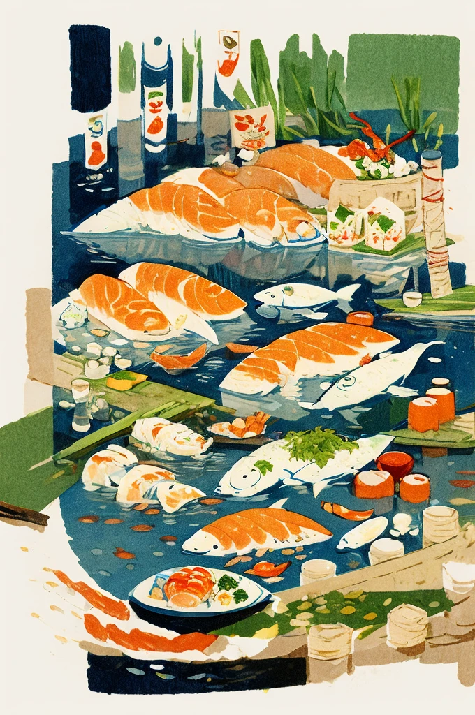 Illustration: Simple woodblock printing style. Nigiri sushi rice is shaped into small balls and then raw fish or other seafood is placed on top of the rice. Wasabi is often used between the rice and fish. Sometimes a seaweed rope may be used to tie them. 
1 pair placed on a wooden tray with a wasabi stick and a soy sauce bottle.