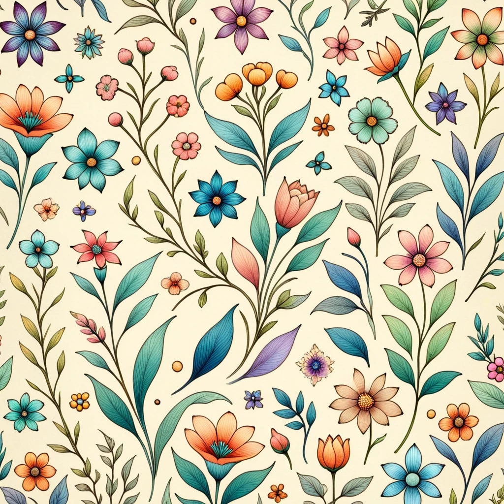 A vibrant and cheerful pattern featuring a variety of blossoming flowers in a rainbow of colors. The flowers are rendered in a loose, hand-drawn style, with a focus on soft curves and delicate details. The background is a soft, muted color, creating a sense of peace and tranquility. The overall effect is one of playful energy and a touch of the whimsical. [A cheerful and versatile pattern, reminiscent of "Art Nouveau" and "Watercolor" aesthetics, with a touch of "Vintage botanical illustrations" style.] [Soft, muted background, a rainbow of colors, a focus on delicate details and flowing lines, a subtle texture, and a repeating pattern.]