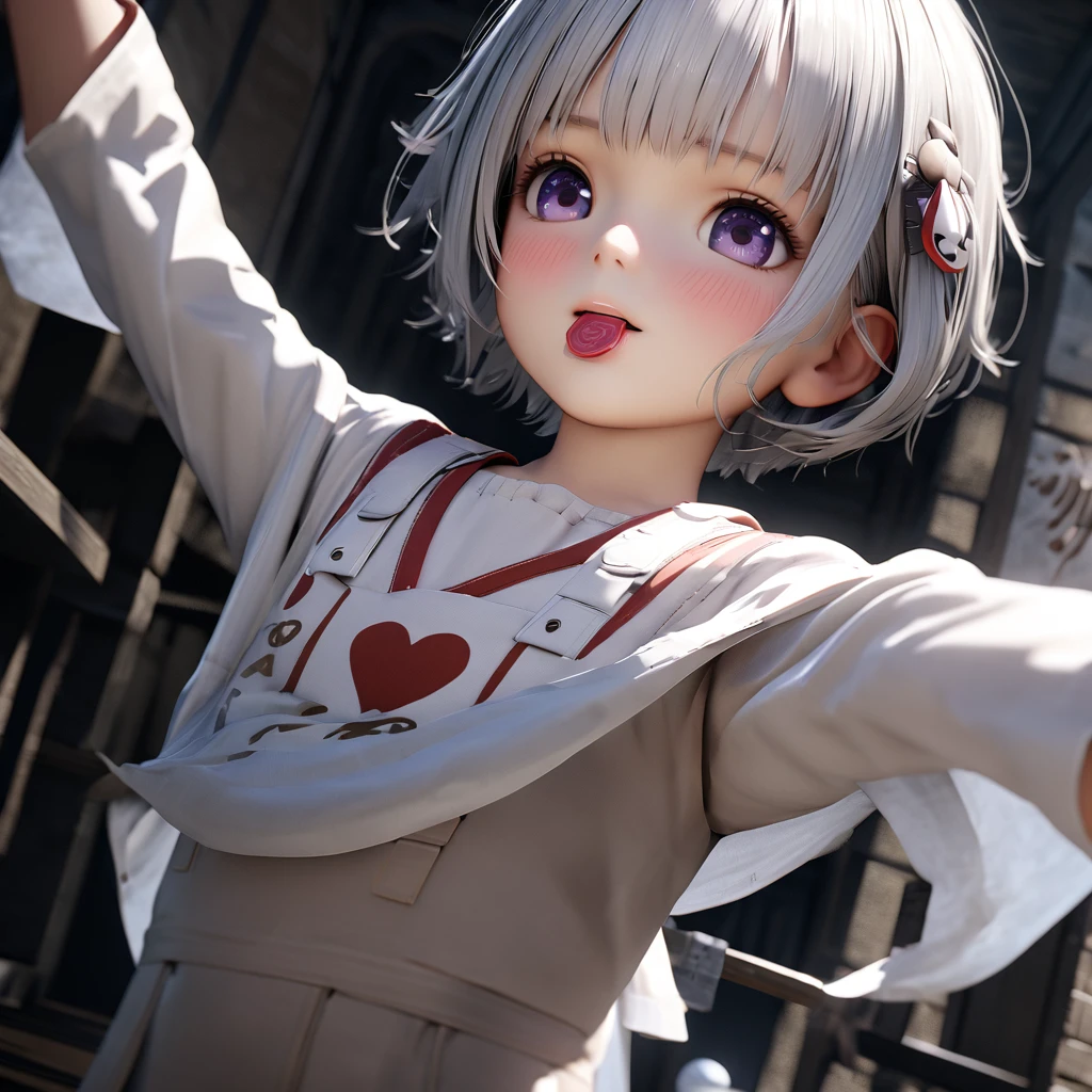 masterpiece, Highest quality, Very detailed, High resolution, An expensive solution, High resolution, 4K, 8K, ユニティ 8K 壁紙, Very detailed CG, masterpiece, Realistic, 2D, 3d, Beautiful details, depth, Fine texture, Highest quality: 1.3, Fully focused, Crispy.skin, .he, Very cute anime girl about 3 years old, Expensive silver short hair, girl around 4 years old, alone, one piece, blush, Mole, Release your lips, hair ornaments, heart, Purple eyes、Condom in the mouth、A defiant smile、Lifting up her skirt in a dimly lit alley、クーラーの室外機の上にsit、Crotch close-up、Angle from below、I can see your underwear、Translucent slip、Spread your legs、Looking down from above、front、sit、Cotton panties