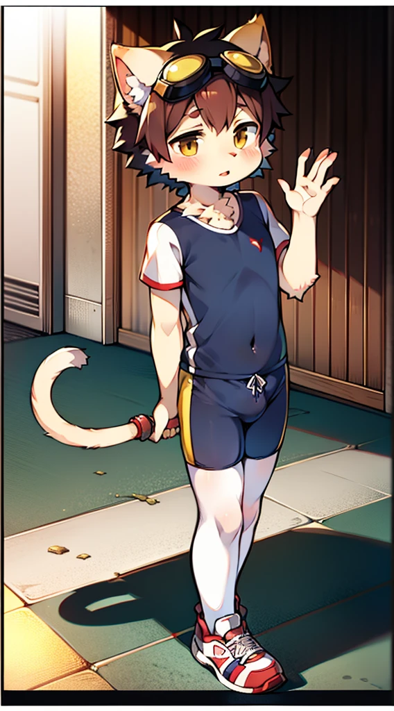 ((Furry, kemono)), 2D boy Shota, swimming suit，standing，goggles，border collie ears，sports shoes，white stockings, cat tail
