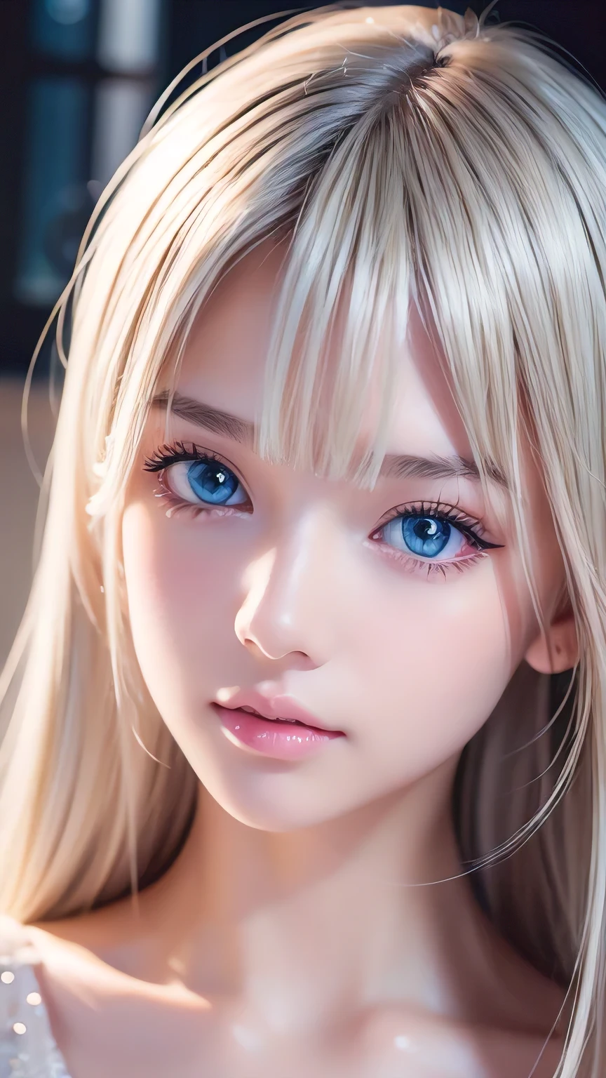 Dressed、(Photorealistic:1.4)、(ハイパーRealistic:1.4)、(Realistic:1.3)、(Smooth lighting:1.05)、(Improved cinematic lighting quality:0.9)、32k、1 Girl、Very cute expression、A beautiful  blonde girl、bangs that fall on the face、Bangs left over the eyeessy bangs between the eyes and nose、Realistic top lighting、Backlight、Face Light、Super long silky platinum hair、Blonde rays、(Bright light:1.2)、(quality improvement:1.4)、(Highest quality realistic textured skin:1.4)、Very beautiful, detailed, shiny, very bright, mint blue, large eyes、Very big eyes、Detailed face、A careful eye for quality、(Tired, sleepy and satisfied: 0.0)、Face close up、T-Shirts、(Enhances the body line:1.1)、(Enhances the beauty of skin texture:1.1)、Cheek gloss highlighter、Small Face Beauty、Round face