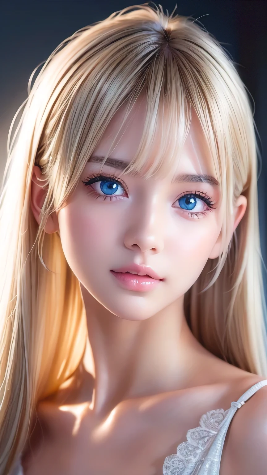 Dressed、(Photorealistic:1.4)、(ハイパーRealistic:1.4)、(Realistic:1.3)、(Smooth lighting:1.05)、(Improved cinematic lighting quality:0.9)、32k、1 Girl、Very cute expression、A beautiful  blonde girl、bangs that fall on the face、Bangs left over the eyeessy bangs between the eyes and nose、Realistic top lighting、Backlight、Face Light、Super long silky platinum hair、Blonde rays、(Bright light:1.2)、(quality improvement:1.4)、(Highest quality realistic textured skin:1.4)、Very beautiful, detailed, shiny, very bright, mint blue, large eyes、Very big eyes、Detailed face、A careful eye for quality、(Tired, sleepy and satisfied: 0.0)、Face close up、T-Shirts、(Enhances the body line:1.1)、(Enhances the beauty of skin texture:1.1)、Cheek gloss highlighter、Small Face Beauty、Round face