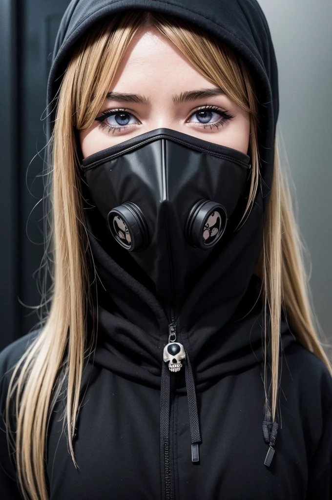 1girl, Dark fantasy anime, Grim reaper, black masker, gasmask, best quality, close-up upper body, focus on face, skull, Black hoodie, horrific atmosphere, sanpaku