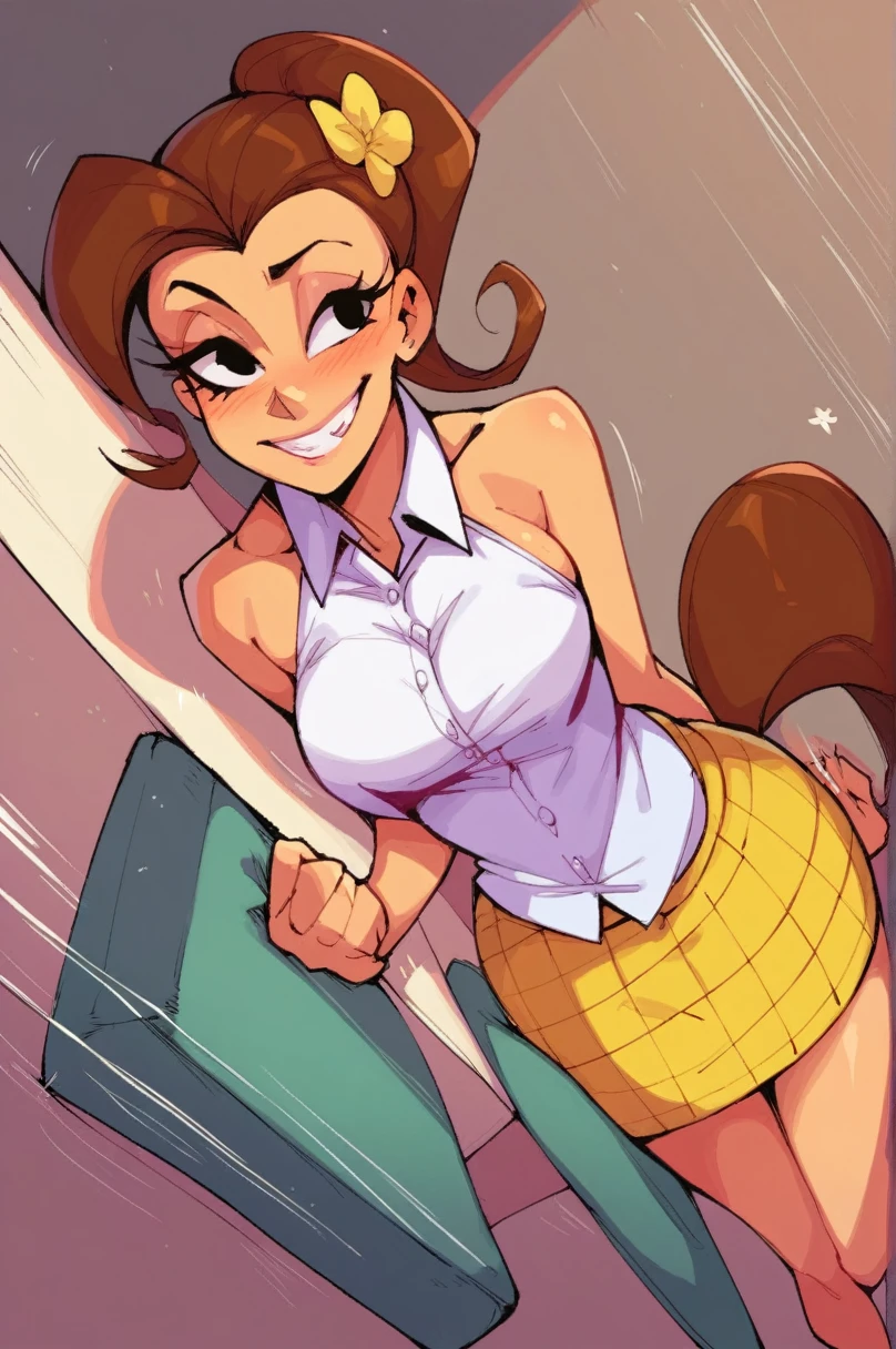 score_9, score_8_above, score_7_above, score_6_above, score_5_above, fuinte_Cartoon, fuinte_explicit, (Cartoon:1.0), REST Luan Loud, 1 girl, Alone, wide, SMILE, Skirt, looking at iniewer, Brown hair, yellow Skirt, white shirt, room, shirt, hair ornament, bare shoulders, white shirt, Horse tail, flower, Diintes, medium breasts, black eyes, in, high Horse tail, clenched hands, tamaño de sino alternativo, emphasis lines, Cartoonish proportions with big heads and eyes; 