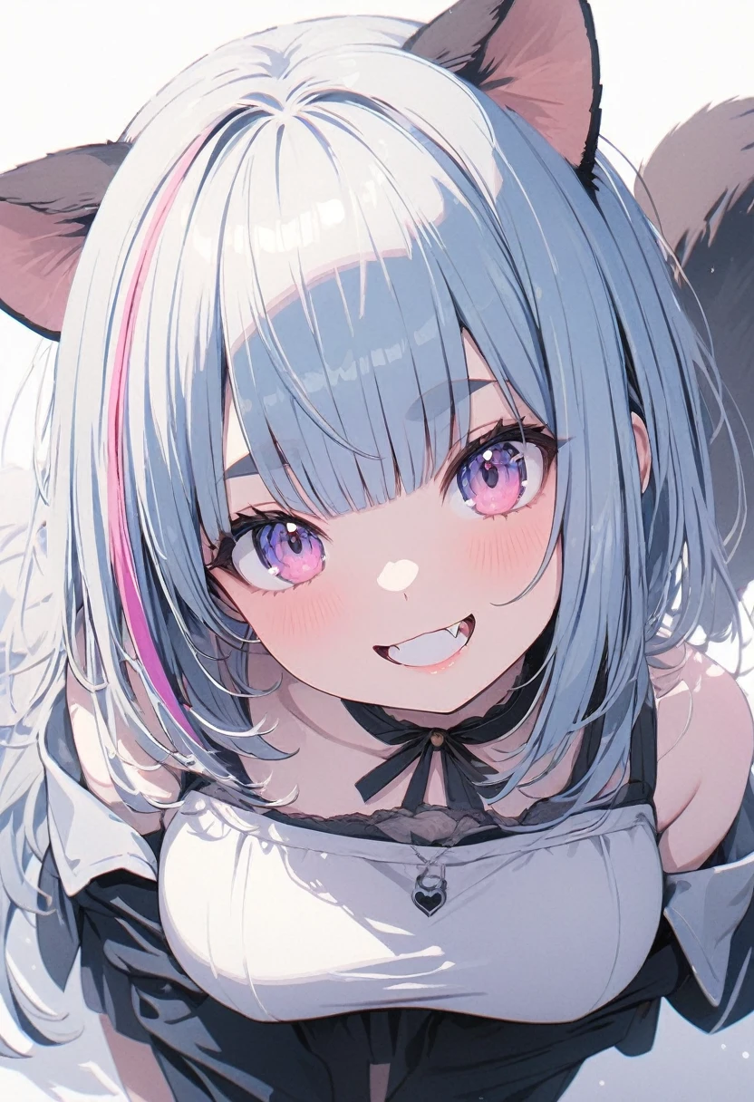 (best quarity,ultra detailed,ultra-high-resolution, absolutely resolution,8k, masterpiece),anime,(pale colors:1.8),long shot, 1girl, solo, cat mouth, dynamic angle, OK, grin, smile, opened mouth, all fours, fang, blue hair, bobcut, straight hair, racoon ears, racoon tail, (brown streaked hair:1.3), (blunt bangs) ,thick eyebrows, big breast, off shoulder clothes, cutout, striped and heart background, shadow,