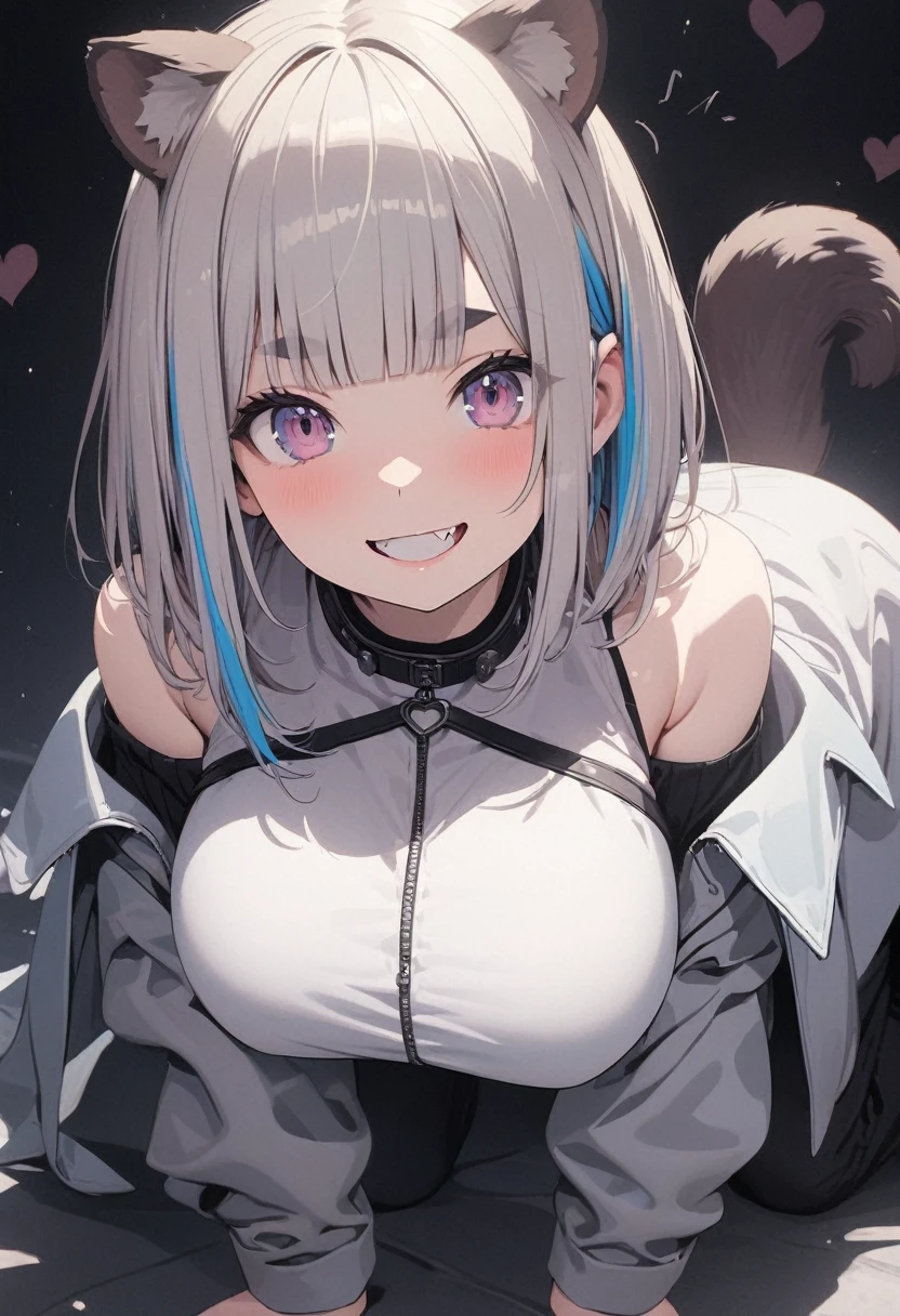 (best quarity,ultra detailed,ultra-high-resolution, absolutely resolution,8k, masterpiece),anime,(pale colors:1.8),long shot, 1girl, solo, cat mouth, dynamic angle, OK, grin, smile, opened mouth, all fours, fang,  blue hair, bobcut, straight hair, racoon ears, racoon tail, (brown streaked hair:1.3), (blunt bangs) ,thick eyebrows, big breast, off shoulder clothes, cutout,  striped and heart background, shadow, 