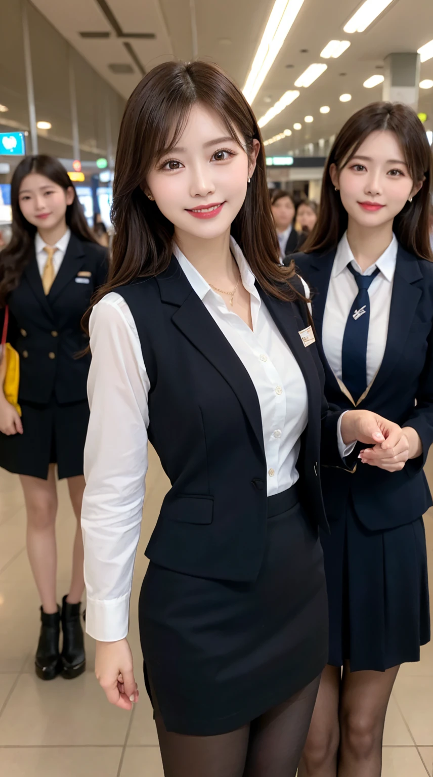 highest quality、table top、8k、best image quality、Award-winning work), two beautiful women、(2 women:1.6), radiant beautiful skin , masterpiece、top-quality、The ultra -The high-definition、depth of fields、lens flare , 2 girls、、brown hair, watching at viewers glares, large breasts , stewardess uniform, ( stewardess blazer:1.3), shirt, short skirt, (black high heels), perfect legs, model pose, view from below, smiling , airport arrival, pantyhose