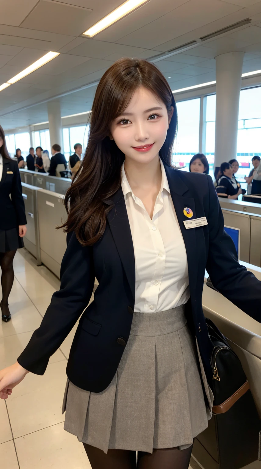 ​highest quality、table top、8k、best image quality、Award-winning work), two beautiful women、(2 women:1.6), radiant beautiful skin , masterpiece、top-quality、The ultra -The high-definition、depth of fields、lens flare , 2 girls、、brown hair, watching at viewers glares, large breasts , stewardess uniform, ( stewardess blazer:1.3),  shirt, short  skirt, (black high heels), perfect legs, model pose, view from below, smiling , airport arrival, pantyhose 
