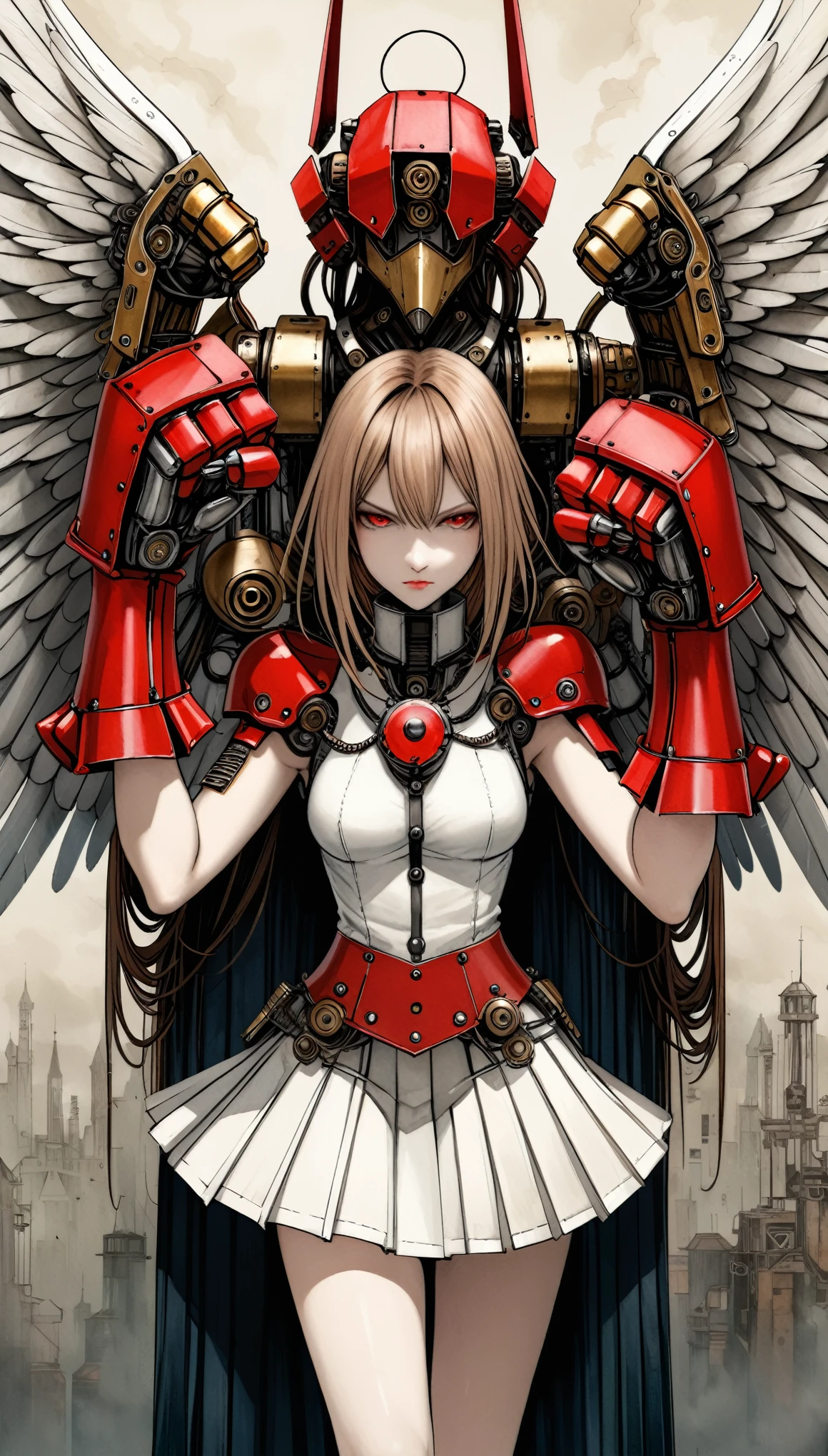 in style of Santiago Caruso,
mechanical angel wings,mechanical_halo,1 girl,mechanical wrist,mechanical skirt with pleated skirt,(huge makeover mechanical fists:1.5),the fist flashed red,