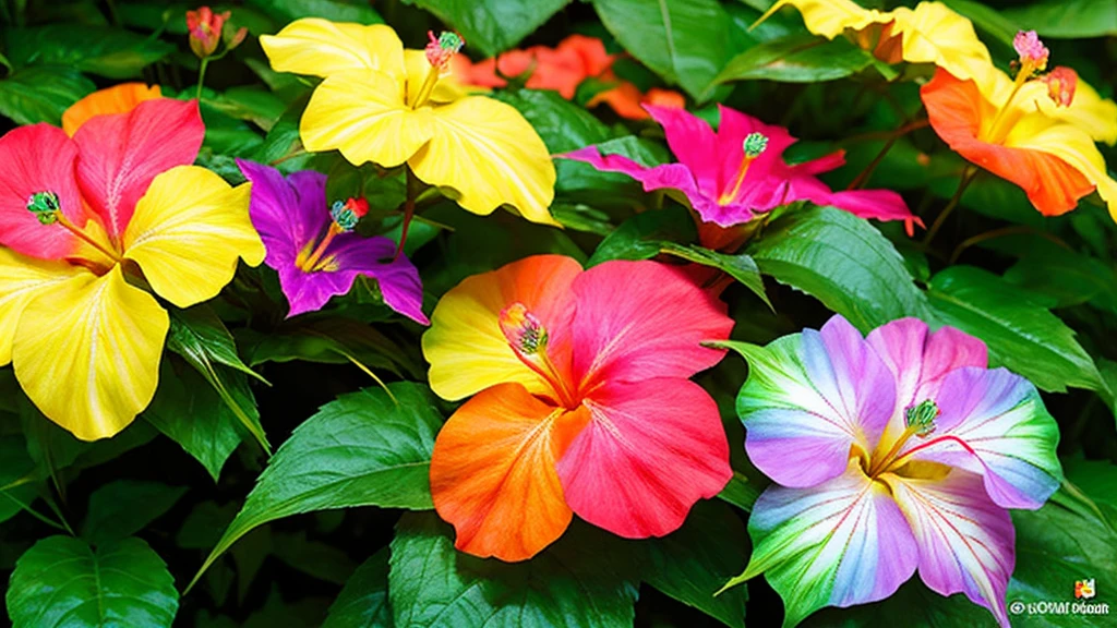 Rainbow Hibiscus is a dazzling tropical shrub known for its large, vibrant blooms that come in a spectrum of colors, often featuring multi-colored petals in stunning combinations of red, pink, orange, yellow, and white. These eye-catching flowers have a prominent central stamen, adding an exotic and cheerful touch to any garden or indoor space.