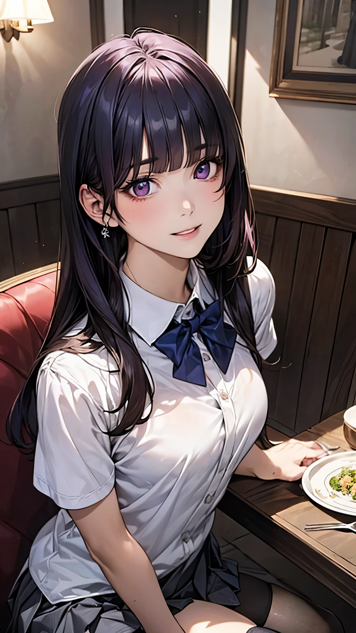 (masterpiece:1.2, top-quality), (realistic, photorealistic:1.4), beautiful illustration, (natural side lighting, movie lighting), nsfw, 
looking at viewer, (face focus, upper body)1 girl, high school girl, (perfect anatomy, anatomically correct, super detailed skin), cute and symmetrical face, perfect face, perfect eyes, 
(long hair:1.4, hime style, hime cut, purple hair), blunt bangs, purple eyes, big eyes, long eye lasher, (medium breasts, seductive thighs), slender, babyface, shiny skin, 
beautiful detailed hair, beautiful detailed face, beautiful detailed eyes, beautiful clavicle, beautiful body, beautiful chest, beautiful thigh, beautiful legs, beautiful fingers, 
(short sleeve white collared shirt, gray pleated miniskirt, blue bow tie, black thigh-highs), 
(beautiful scenery), evening, (dining room:1.5), sitting chair, (lovely smile, upper eyes, parted lips),