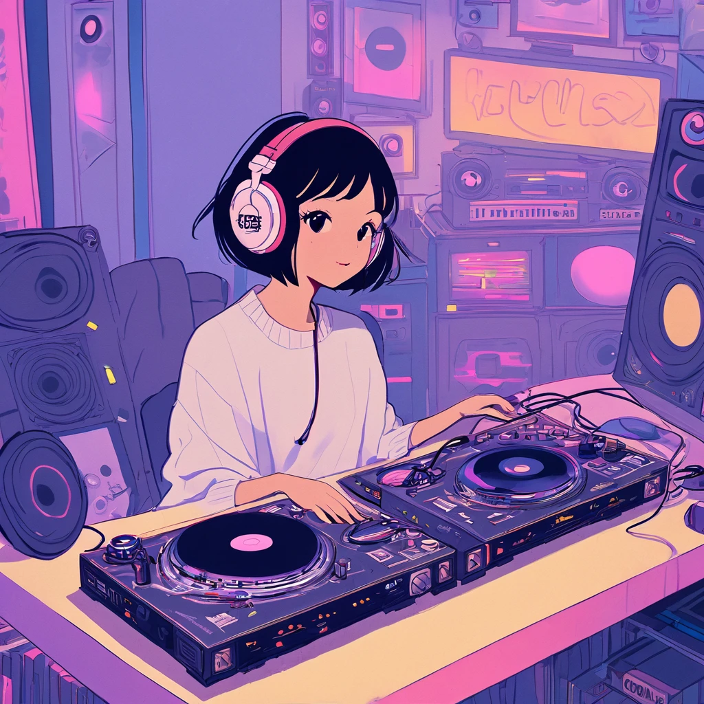 Japanese woman, bob haircut, DJing, headphones, turntable, room, alone, cozy, lights, music, energetic, focused, modern, stylish, casual outfit