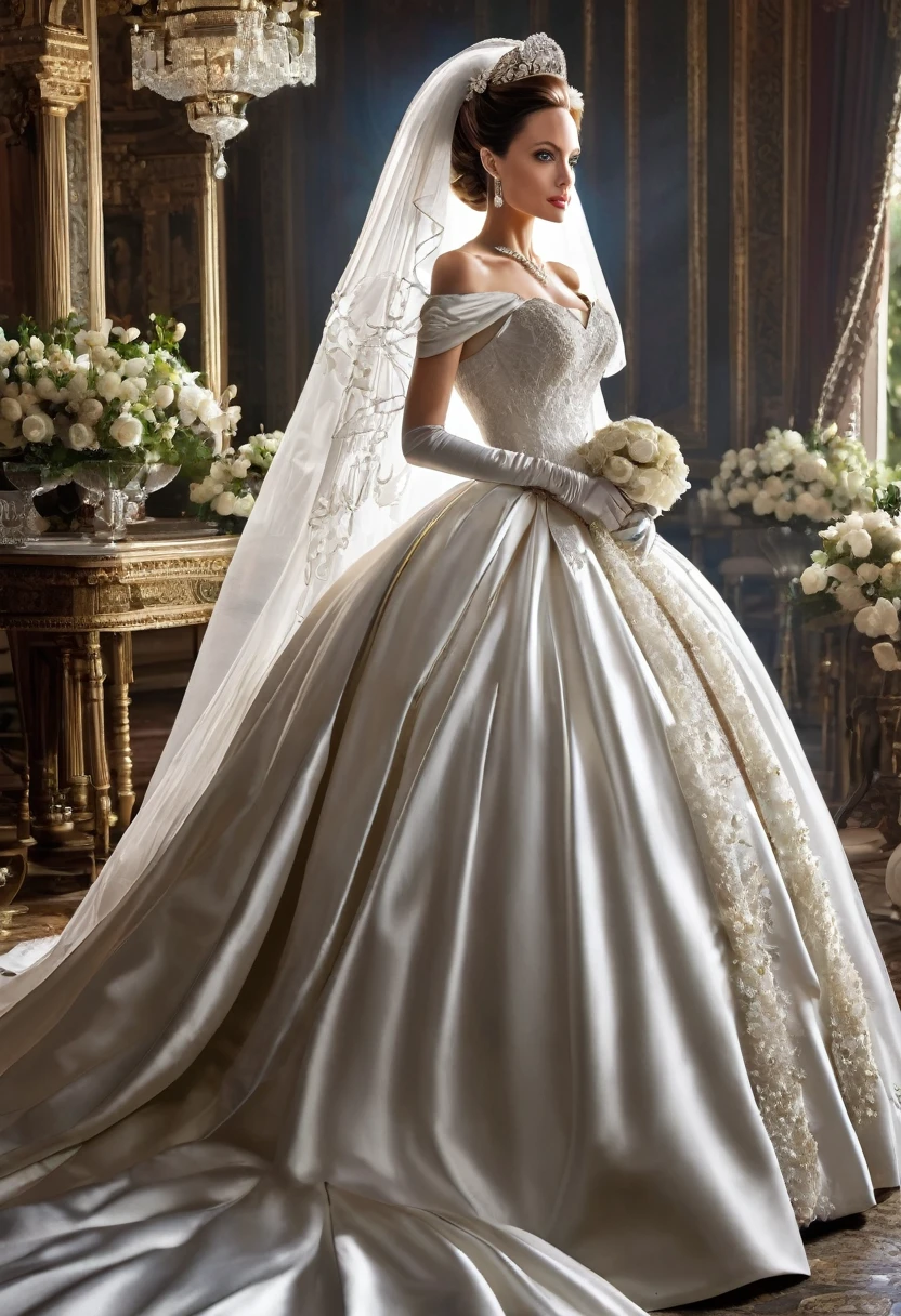 Angelina Jolie modeling in a majestic, outdoor setting, adorned in a shimmering white satin bridal gown boasting a voluminous princess skirt, an elongated trail, a harmoniously fascinating veil, and an intricately laced and diamond-encrusted bodice with a bow. Victorian style wedding gown with lace, frills and ribbons. Elaborate victorian updo hairstyle. ribbon belt on waist, Crowning her head is a princess's tiara, while diamond earrings and necklace sparkle in contrast with the white satin of her elbow-length opera gloves, anime, manwha 4k, hd, detailed, perfect anatomy