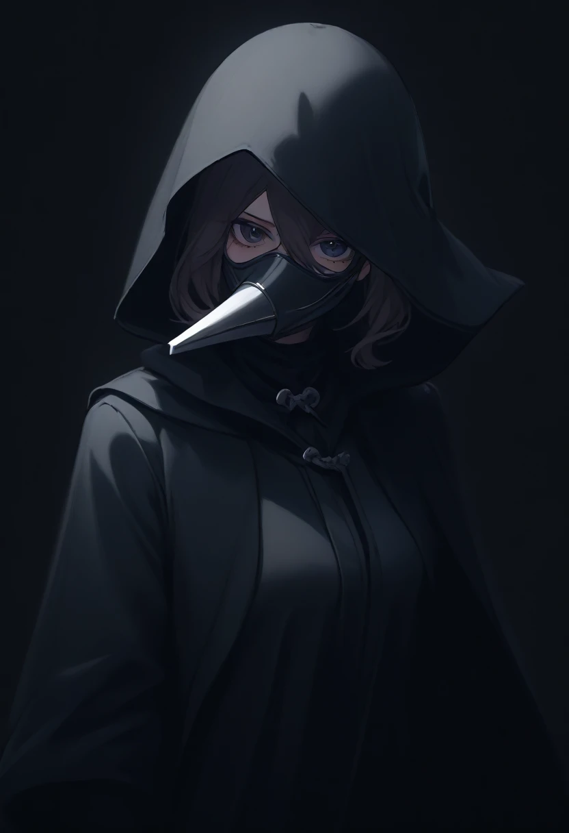 , girl, close up, dark background , awesome costume , plague-doctor costume, randome pose