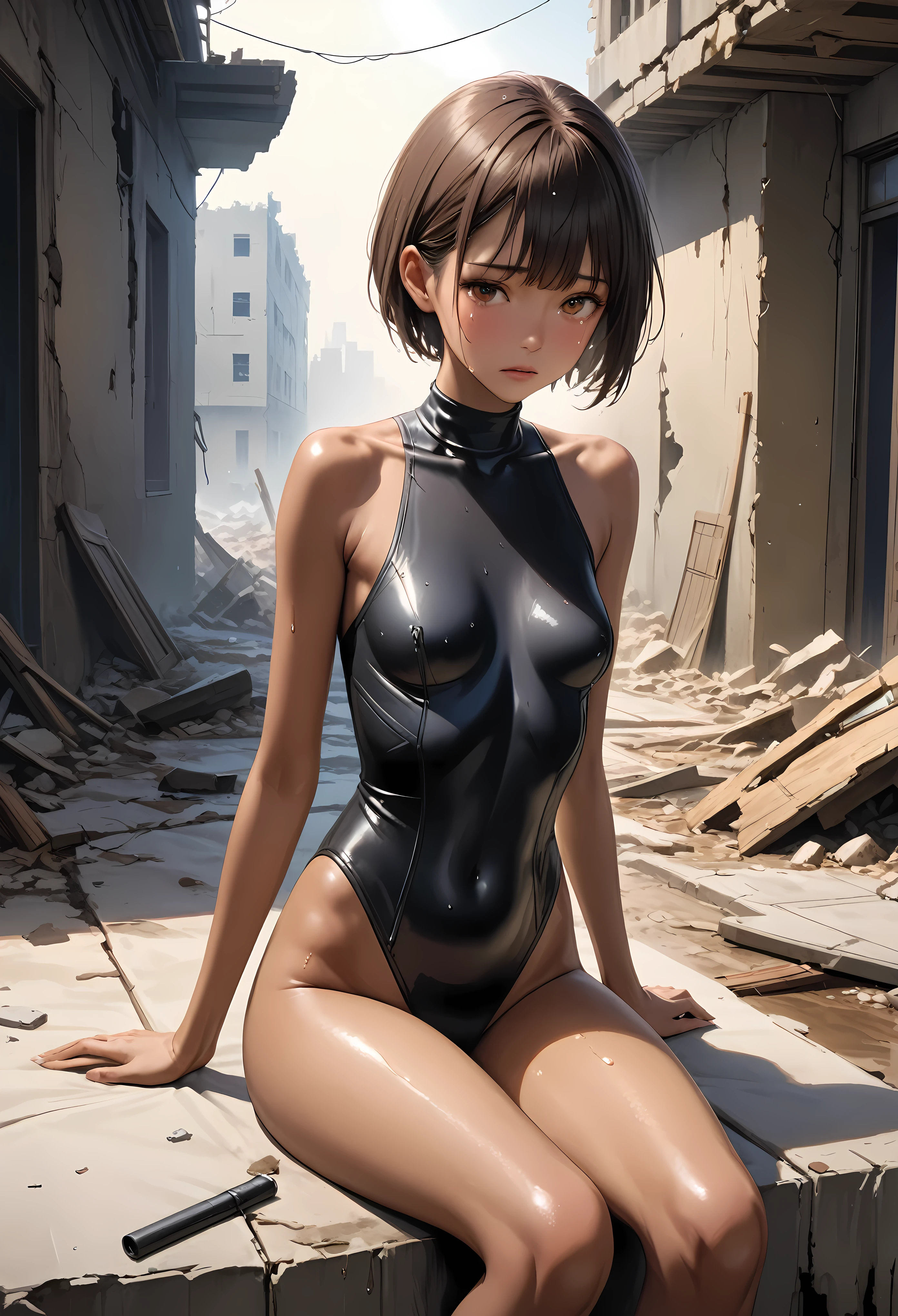 (masterpiece,Highest quality:1.3,best quality illustration,realistic),cowboy shot,1woman,30 year old Japanese beauty,Special Forces Female Soldier、((very small head:1.2)),brown short bob hair,bangs,brown eyes,gorgeous eyes,shy,tears,small breasts,((very long body:1.2)),((toned body,slender body,skinny,tan skin)),(Black turtleneck and high leg leotard、No sleeve),Wet crotch、gleaming skin,shiny skin,sweat,sitting,spread legs:1.3,Simple bed、The collapsed bedroom、Collapsed building、ruins、night、