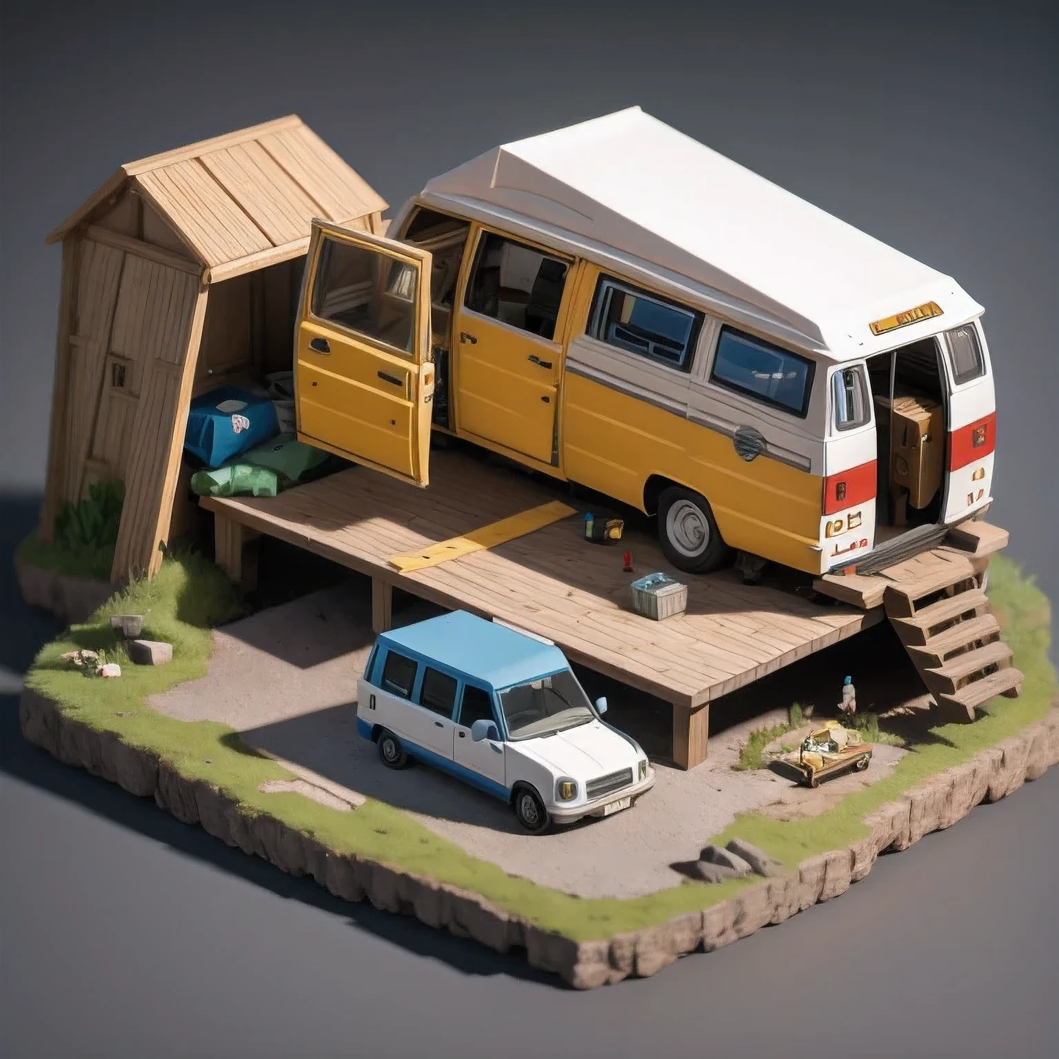 there is a small model of a camper van in a cave, stylized 3d render, 3d illustration, 3 d illustration, highly detailed diorama, 3 d low poly render, 3d low poly render, low poly 3 d, highly detailed sculpey diorama, lowpoly, low poly render, diorama model, low poly 3 d render, diorama