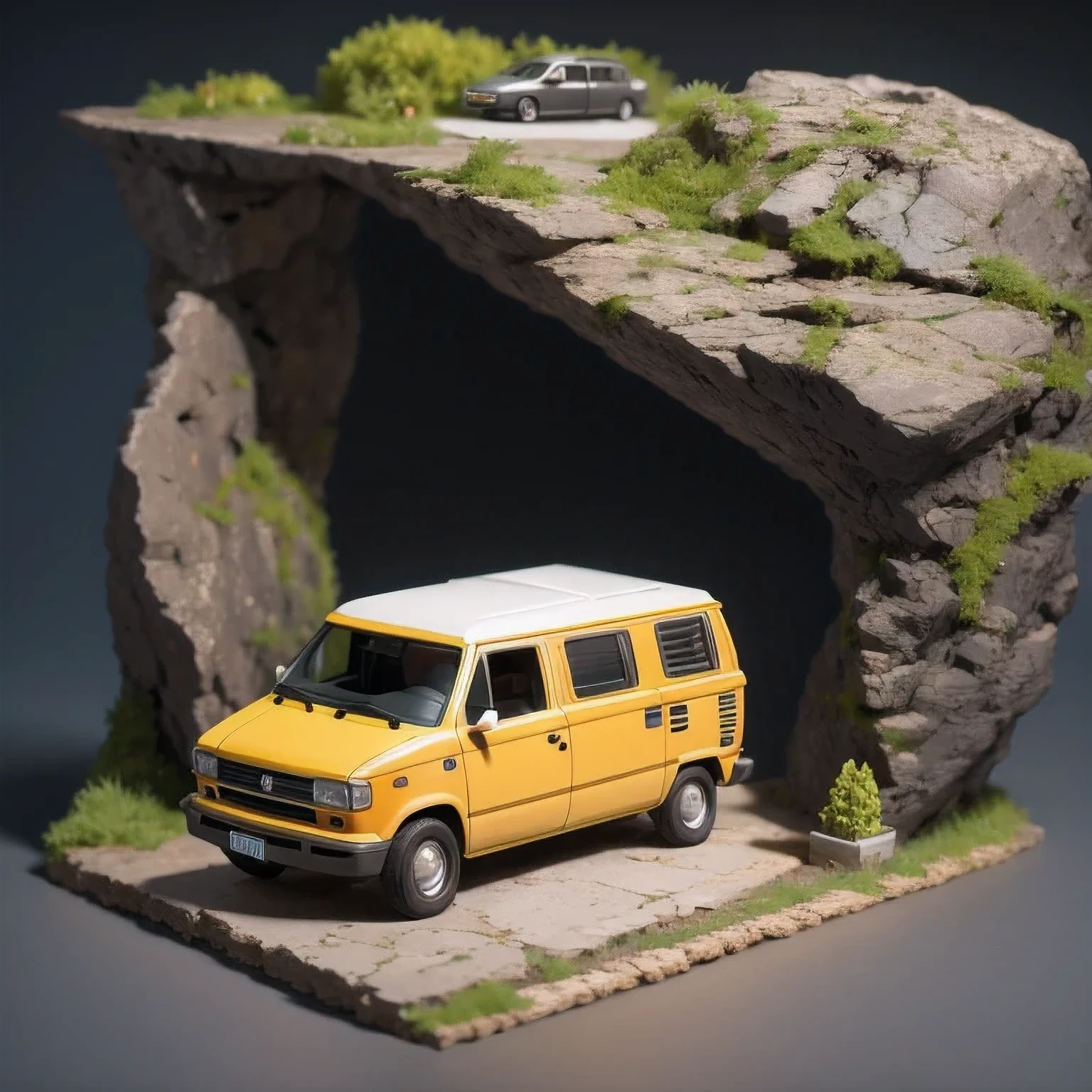 there is a small model of a camper van in a cave, stylized 3d render, 3d illustration, 3 d illustration, highly detailed diorama, 3 d low poly render, 3d low poly render, low poly 3 d, highly detailed sculpey diorama, lowpoly, low poly render, diorama model, low poly 3 d render, diorama