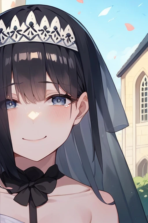 Asymmetrical Shorthair、Black wedding dress、The location is a church、Black Hair、The chest is small、Smiling with tears in her eyes、Hold the bouquet with both hands、Please make your bangs a little longer、