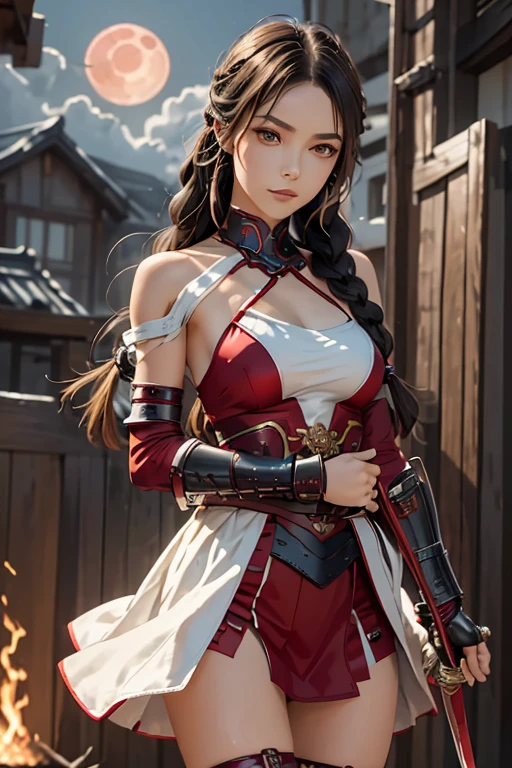 1 girl, high quality face, armor, bandaged arm, bandaged leg, bandages, braid, circle, full moon, holding sword, japanese armor, long hair, moon, red moon, sarashi, shoulder armor, signature, sode, solo, sword, weapon, high quality, 8k, masterpice