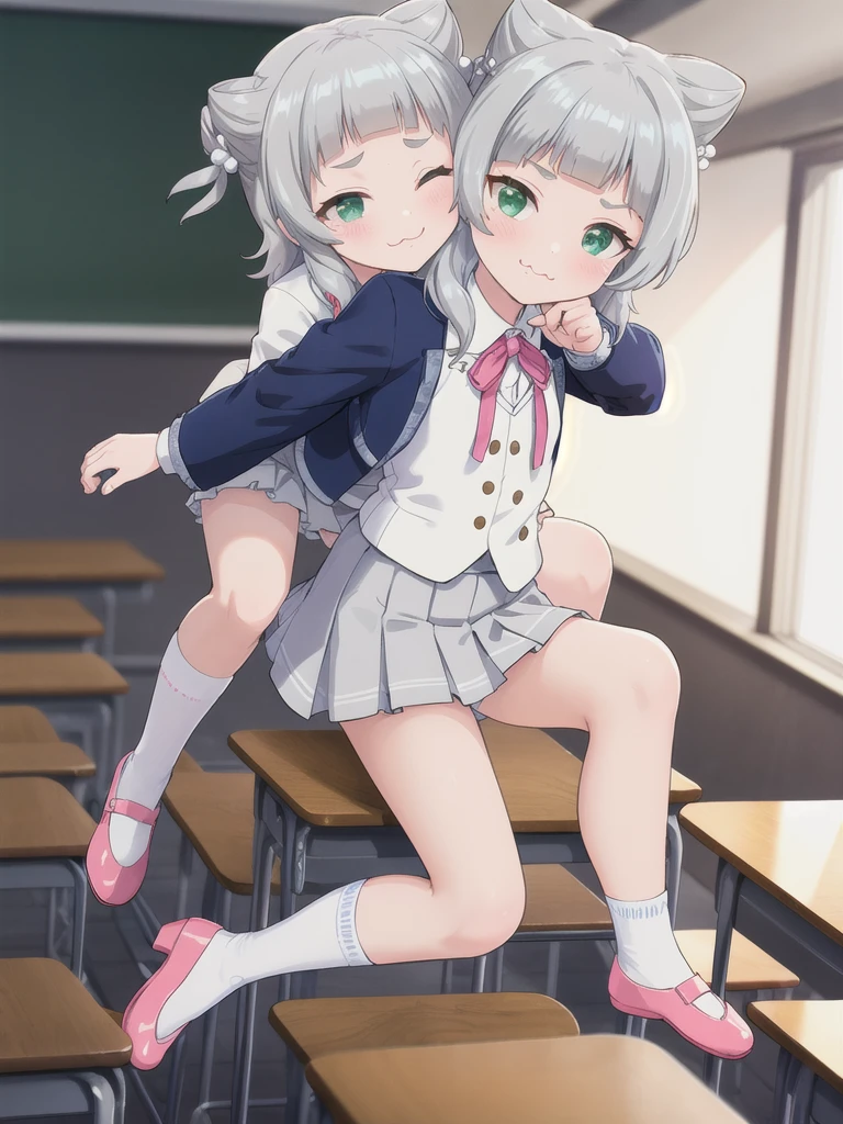 Highest quality,masterpiece,2person,{{{hetero}}},indoor,((classroom)),1girl,Green Eyes, Grey Hair, hair ornaments, bangs, Virtual YouTuber, blunt bangs, Double Bang, Animal ears, Flat Chest,uniform,Navy Blue Blazer,White shirt,Pink ribbon,Grey Skirt,Pink Panties,White long socks,Black low heels, :3,Piggyback ride,{{{{1boy,Black Hair,Short Hair,Put your face in the skirt,Men are down,Woman on top}}}}