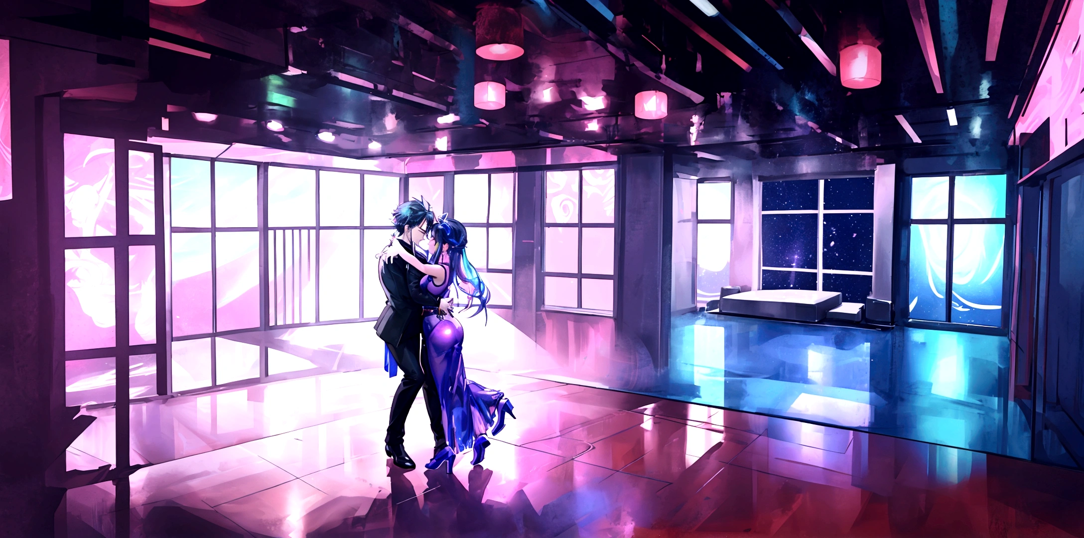 An anime-style vibrant dance hall with only two people dancing joyfully under colorful lights. The atmosphere is electric, with neon lights and a disco ball casting dynamic patterns across the floor. The two dancers are dressed in stylish outfits, moving energetically to the music. The walls are adorned with bright, colorful decorations, and the overall mood is festive and exhilarating. The dance floor is spacious, and the energy between the two dancers is palpable as they enjoy the night.