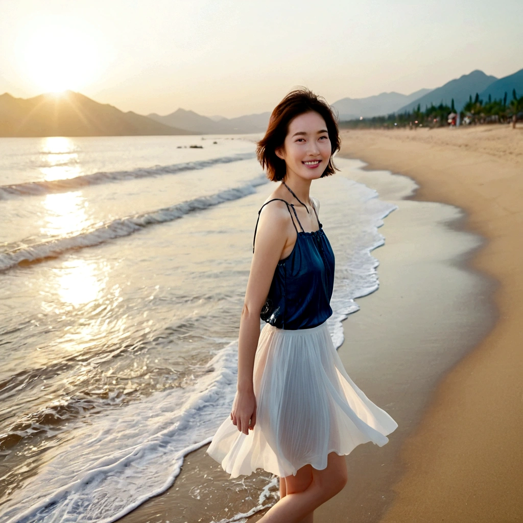 sunset on the beach,바다에 잔광이 비치네sunset on the beach 붉은 태양,A strong lingering scent is reflected in the sea., Beautiful 46-year-old short Korean woman, Chest size 34 inches, Wear sleeveless, light skirt. beautiful pretty woman look , wearing a light skirt , Go far into the sea water and dip your toes., Short medium hair blowing in the wind, 1 short woman, beautiful eyes, a little smile, Full-body photo taken from afar with a wide-angle lens, The background is clean and perfect., waves moved by the wind, best high definition
