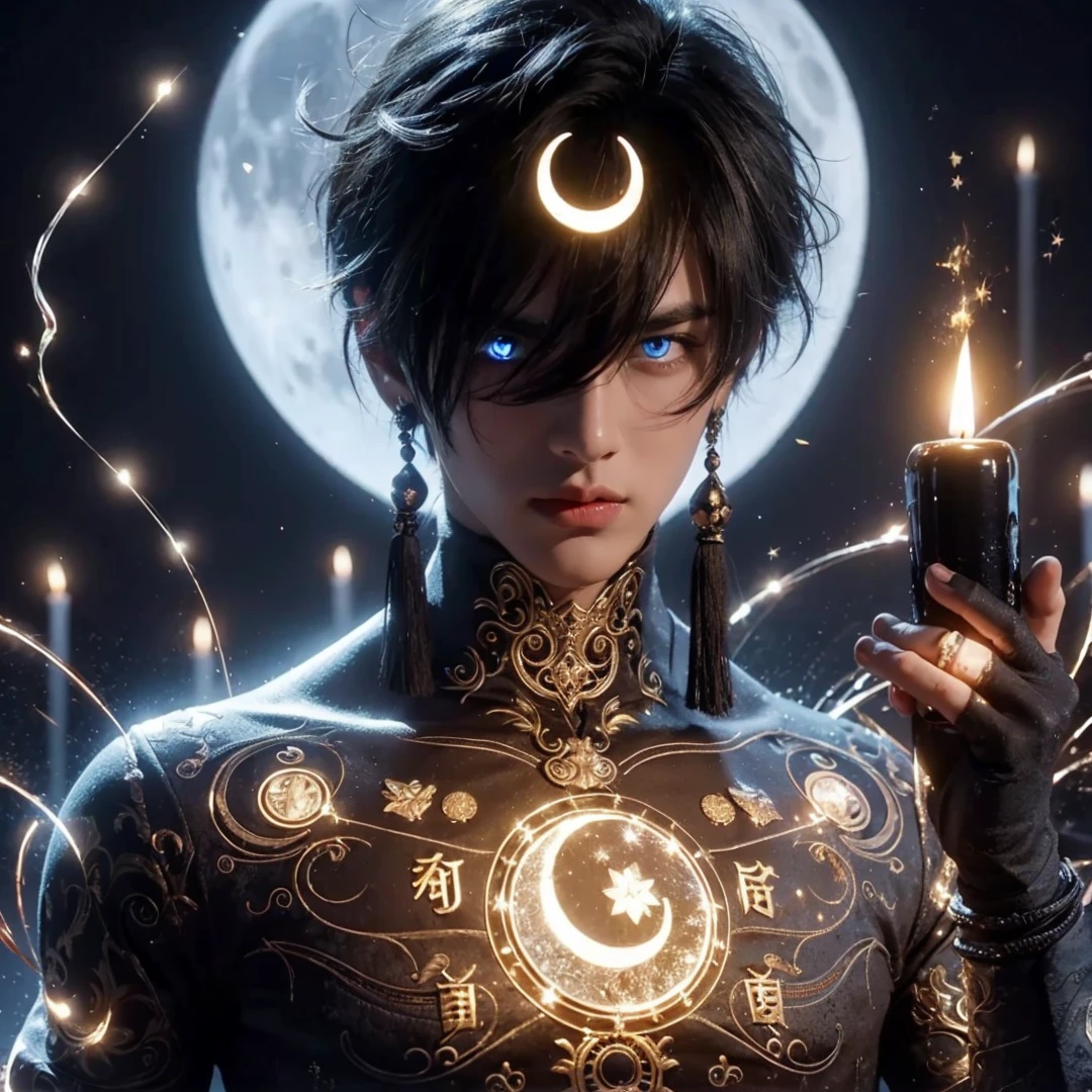 Handsome boy, black hair, bright blue eyes, crescent moon on his head, holding black candle, full moon background