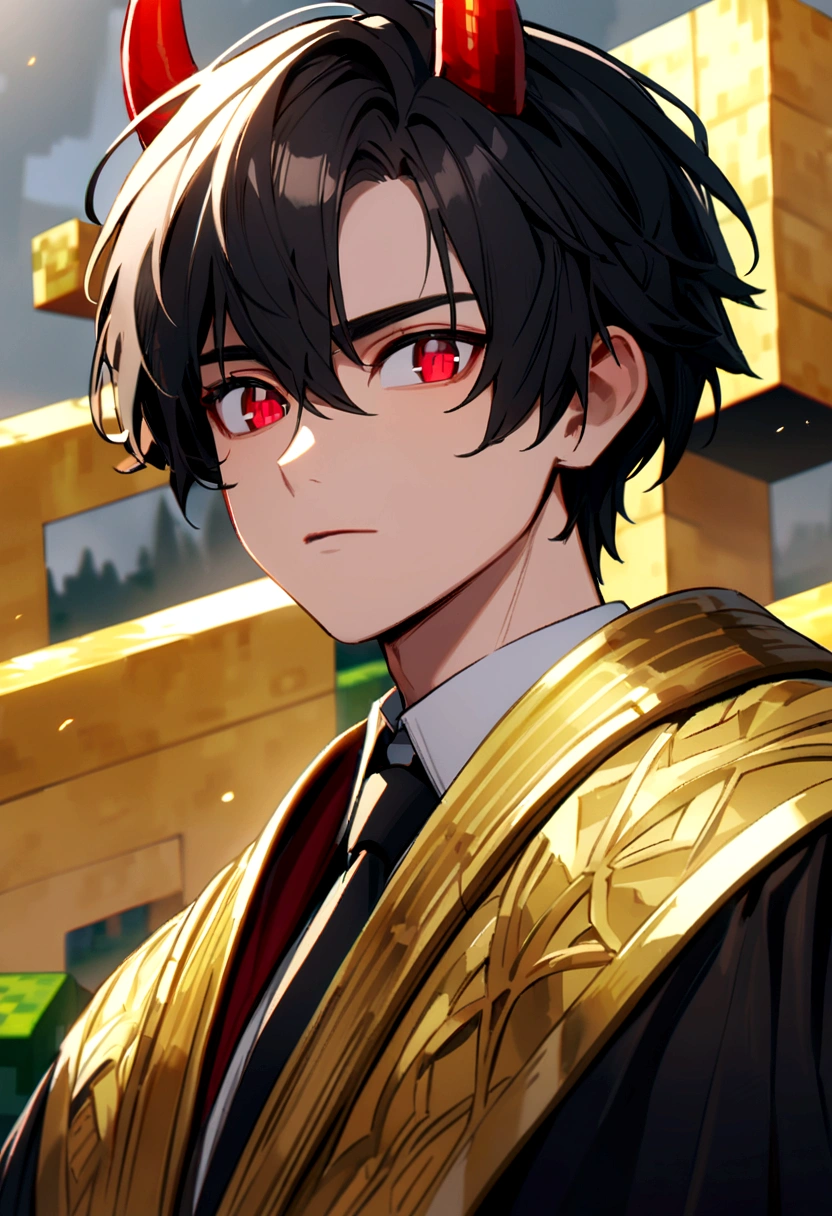 The boy wears a white shirt, wears a black tie, wears a black robe, has black hair, has red horns, has gray eyes and has red eyes. On the edge of the gold colored robe Minecraft
