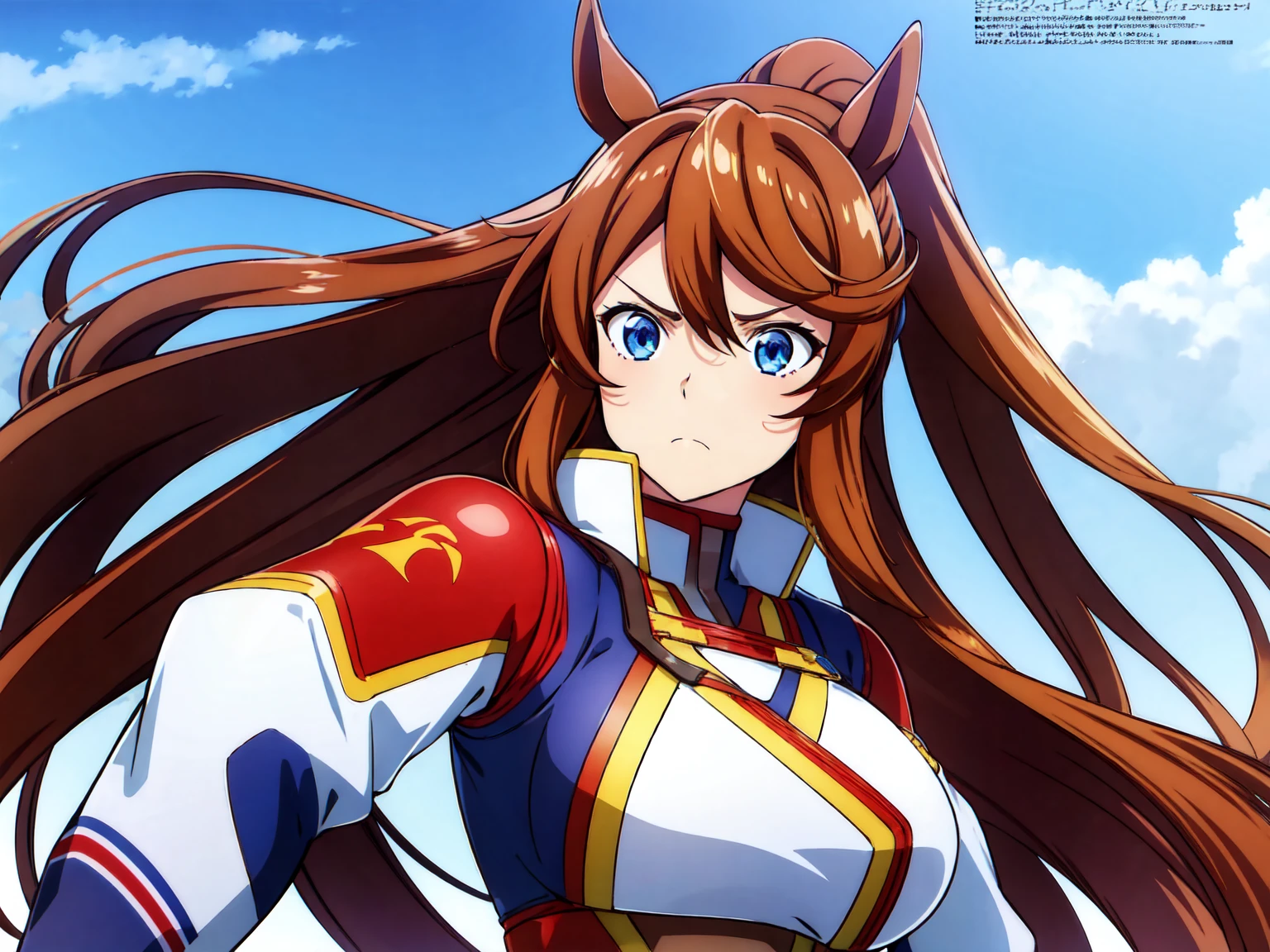 1girl,Tokai Teio, horse ears, brown hair, long hair, high ponytail, streaked hair, multicolored hair, blue eyes, big breast, mecha musume, mechanical wing, serious face,