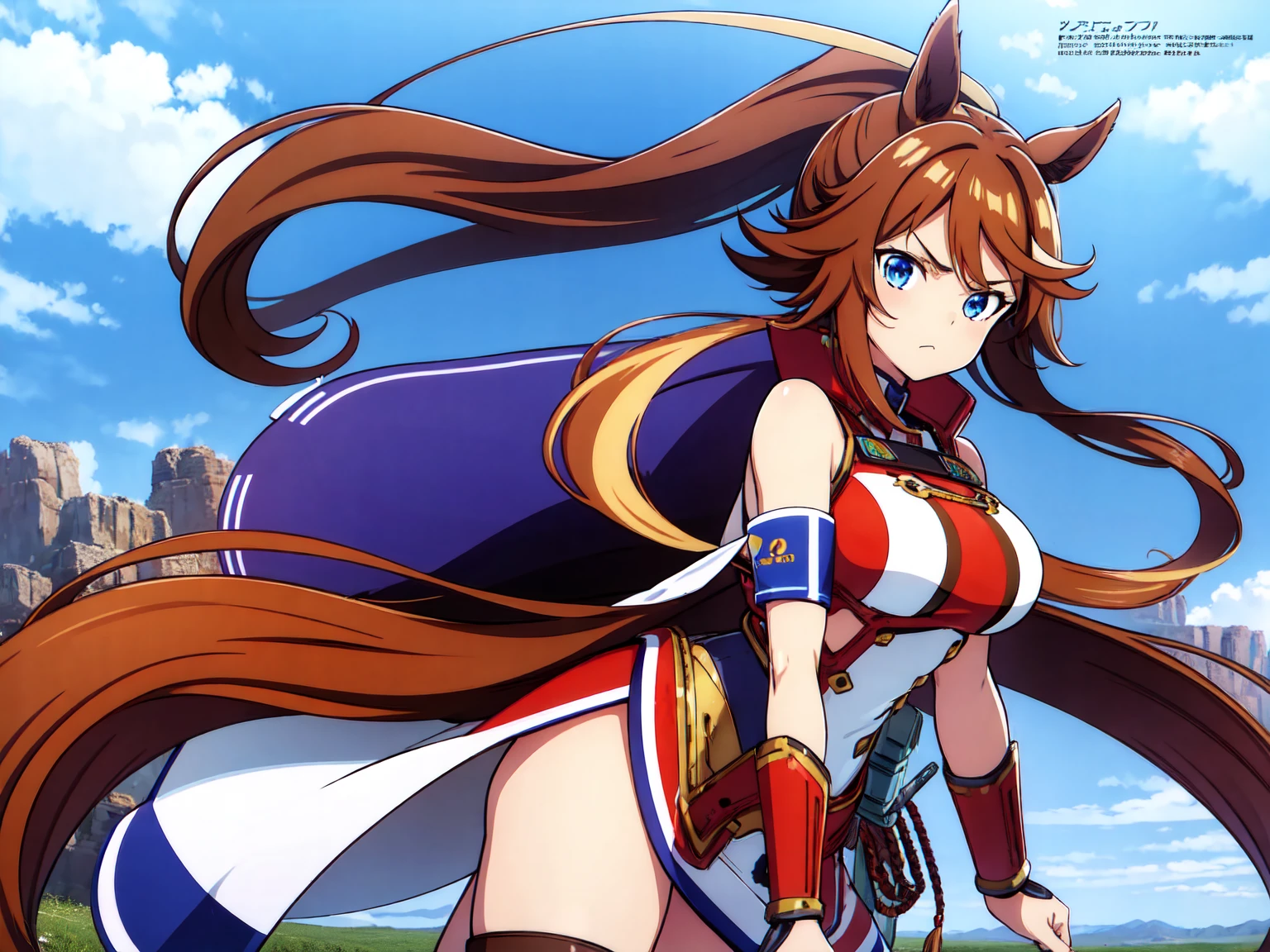 1girl,Tokai Teio, horse ears, brown hair, long hair, high ponytail, streaked hair, multicolored hair, blue eyes, big breast, mecha musume, mechanical wing, serious face,