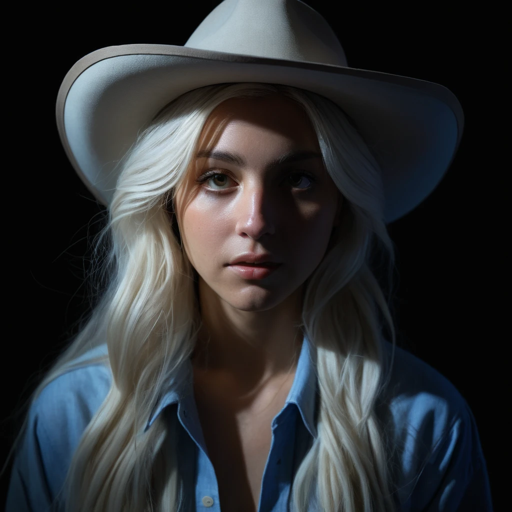 (front focus),(in the dark:1.6), Hyperrealist portrait of female by david hockney and alphonse mucha,fantasy art, photo realistic, dynamic lighting, artstation, poster, volumetric lighting, very detailed faces, 4 k, award winning,, 1girl, in the dark, deep shadow, low key,cowboy shot,(official clothing:1.4) ,long hair,white hair,  