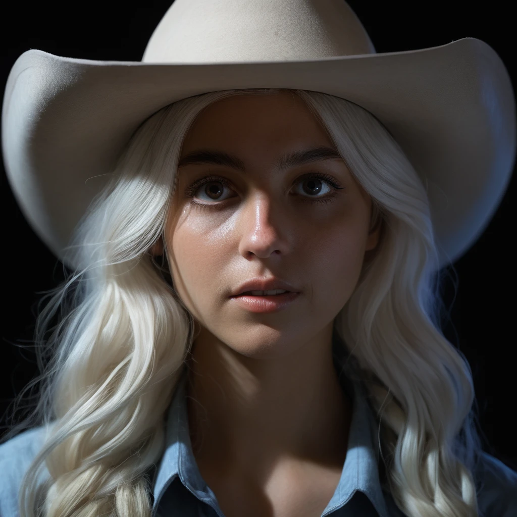 (front focus),(in the dark:1.6), Hyperrealist portrait of female by david hockney and alphonse mucha,fantasy art, photo realistic, dynamic lighting, artstation, poster, volumetric lighting, very detailed faces, 4 k, award winning,, 1girl, in the dark, deep shadow, low key,cowboy shot,(official clothing:1.4) ,long hair,white hair,  