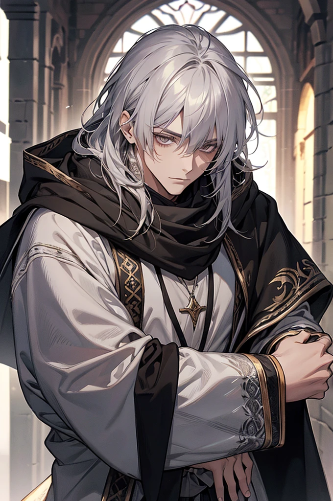 male, adult, long messy silver hair with bangs, grey eyes, beautiful face, handsome, tattoos, court wizard, hooded scarf, white gold black robes and trousers, rogue mage, medieval fantasy, closer up,Best Quality
