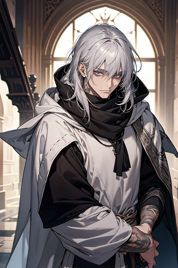 male, adult, long messy silver hair with bangs, grey eyes, beautiful face, handsome, tattoos, court wizard, hooded scarf, white gold black robes and trousers, rogue mage, medieval fantasy, closer up,Best Quality