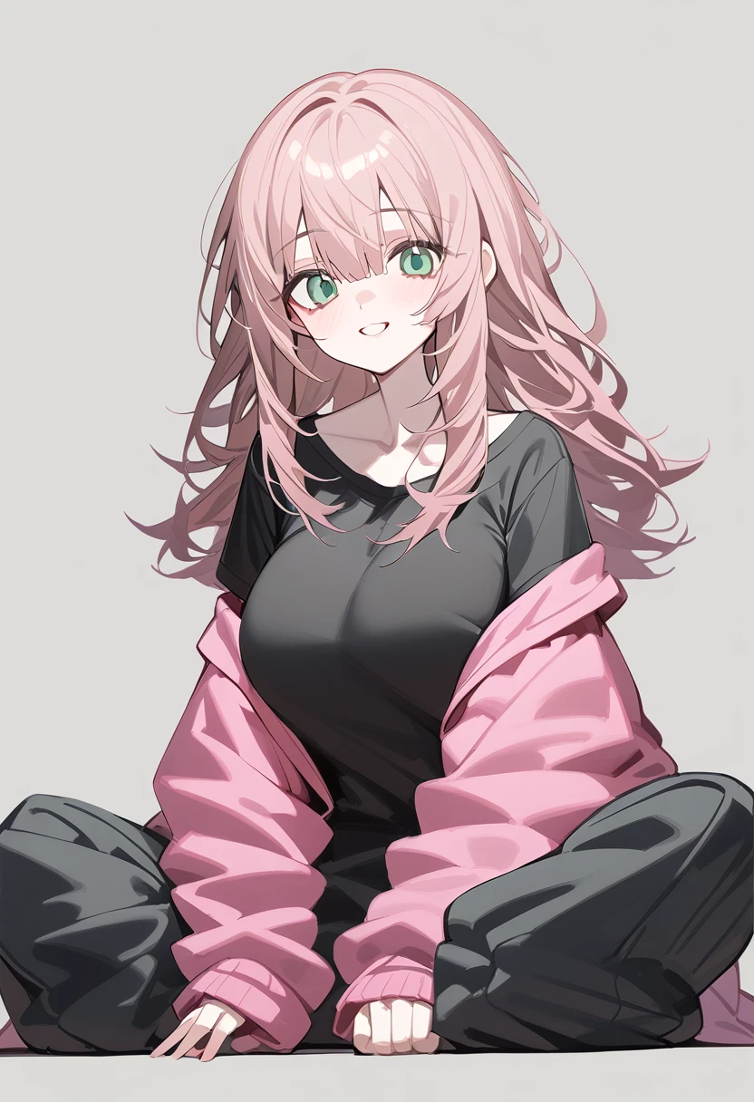 1 woman, alone, adolescent, pink fur, broad, messy hair, corrugated shelter, long bangs, pale skin, green eyes, big breasts, large eyes, big open smile, stoic, sitting on the floor, (Long black t-shirt, pink jacket, baggy pants), (Gray background, simple background), Upper part of the body, Masterpiece, Best Quality, dynamic angle, whole body