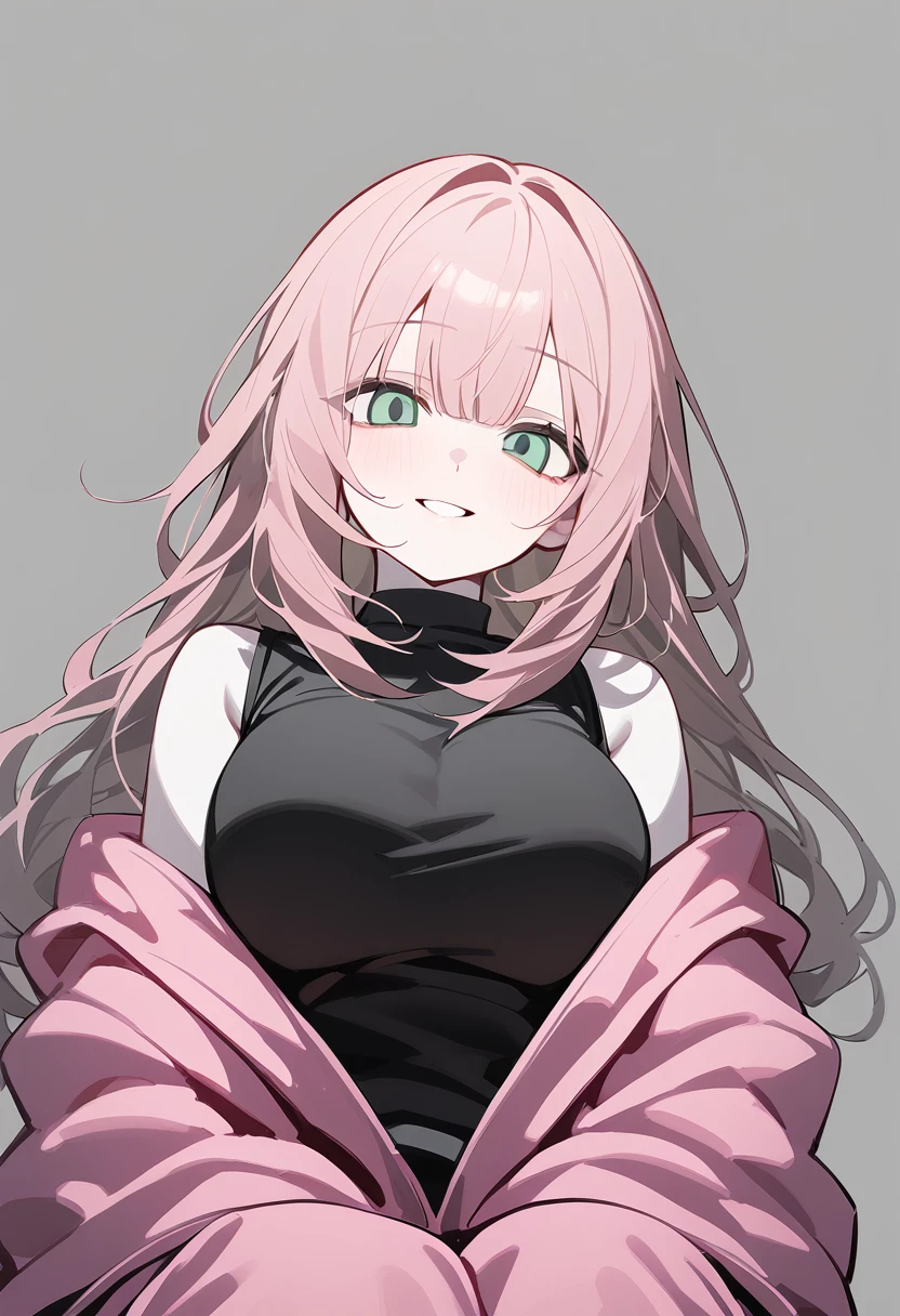 1 woman, alone, adolescent, pink fur, broad, messy hair, corrugated shelter, long bangs, pale skin, green eyes, , large eyes, big open smile, stoic, sitting on the floor, (Long black t-shirt, pink jacket, baggy pants), (Gray background, simple background), Upper part of the body, Masterpiece, Best Quality, dynamic angle, whole body