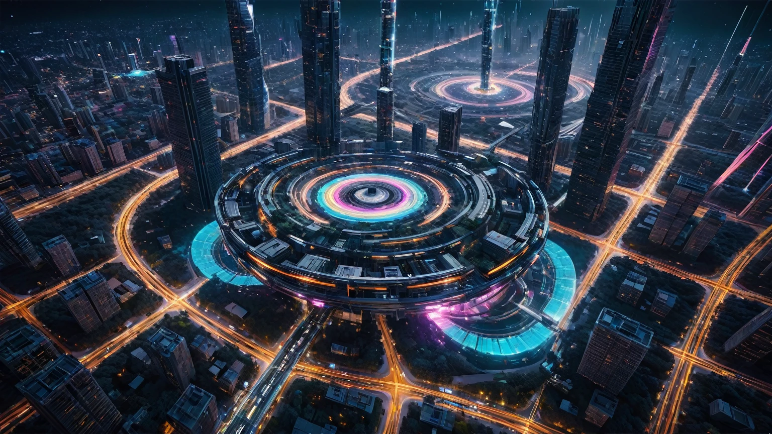 Aerial view. brightly colored abstract image of a space station with a spiral, epic beautiful space scifi, chaotic cinematic space rift, planets colliding, galaxy space sci-fi, ringworld. Matrix style, (((Matrix cascading code))), (((a futuristic twin tower skyscraper with a unique twisted design))), (((OLED GUI interfaces in the building))). At night, (((((1girl, solo))))), photo realistic, (((large-breast:1.2 slim body, cleavage))), (((off tube top, short pleated miniskirt))), (((((running pose))))), (((((matrix style black sunglasses))))), (((((((shooting with a short gun))))))), (((((half-body thigh level medium shot))))), (((cinematic lighting))).