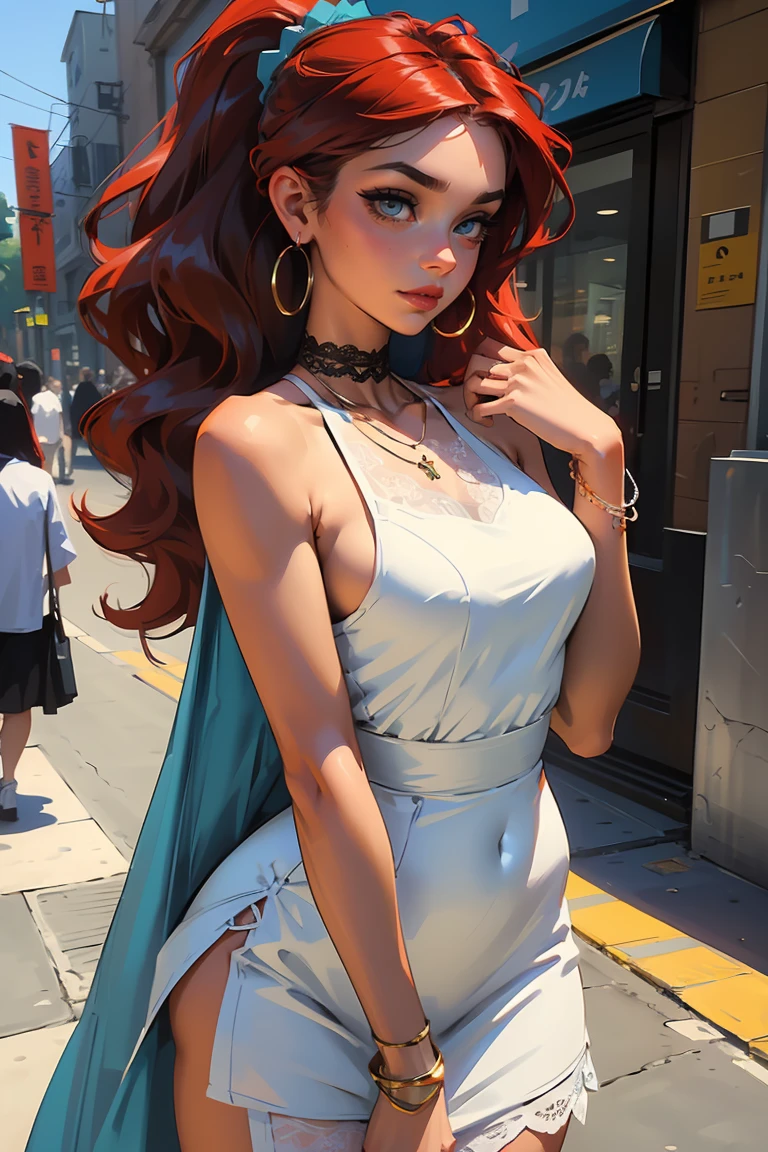 Goddess ((goddess-like woman)), slim, elegant silhouette, masterpiece, (close angle), best quality, cute face, (masterpiece:1,2, best quality), (real picture, intricate details), ( 1 lady, solo, medium tits, narrow waist, (long hair), a woman with long hair, red hair, long wavy red hair, high ponytail, turquoise eyes, she has an impressive presence., bracelet, hoop earrings, jewelry, beautiful face, beautiful eyes, she looks the Looking at viewer, she is wearing earrings, necklace, many different bracelets, black lingerie, White elegant sleeveless lace V-neck cami top, Hip-high black long skirt with a slit on the side, high-heeled ankle boots sweet irresistible smile, elegant pose, elegant hands, beautiful hands, perfect fingers, background: her stands in a big city, a busy city, a club, outside, blue sky, upper body view,