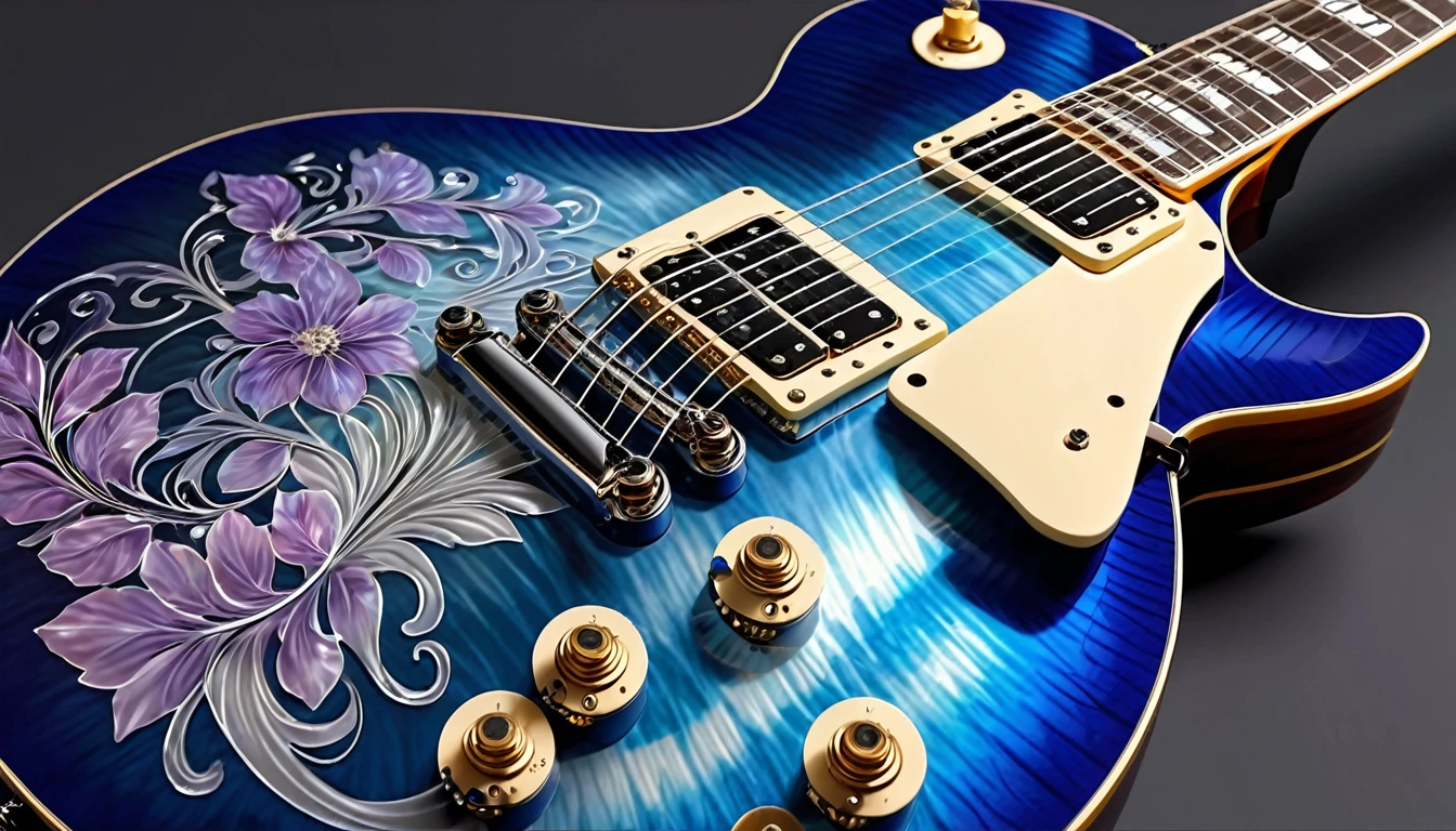 、Shiny burst shred intricate detail smooth transparent sapphire Gibson Les Paul guitar close up, Wrapped in vibrant translucent floral swirls, chromium, 8K, Specular Highlights,