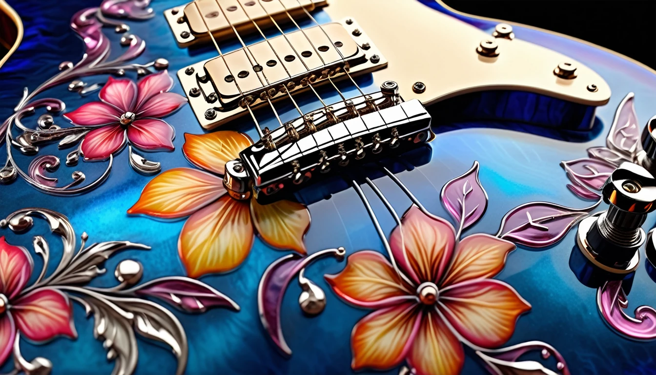 、Shiny burst shred intricate detail smooth transparent sapphire　Gibson　Les Paul guitar close up, Wrapped in vibrant translucent floral swirls, chromium, 8K, Specular Highlights,