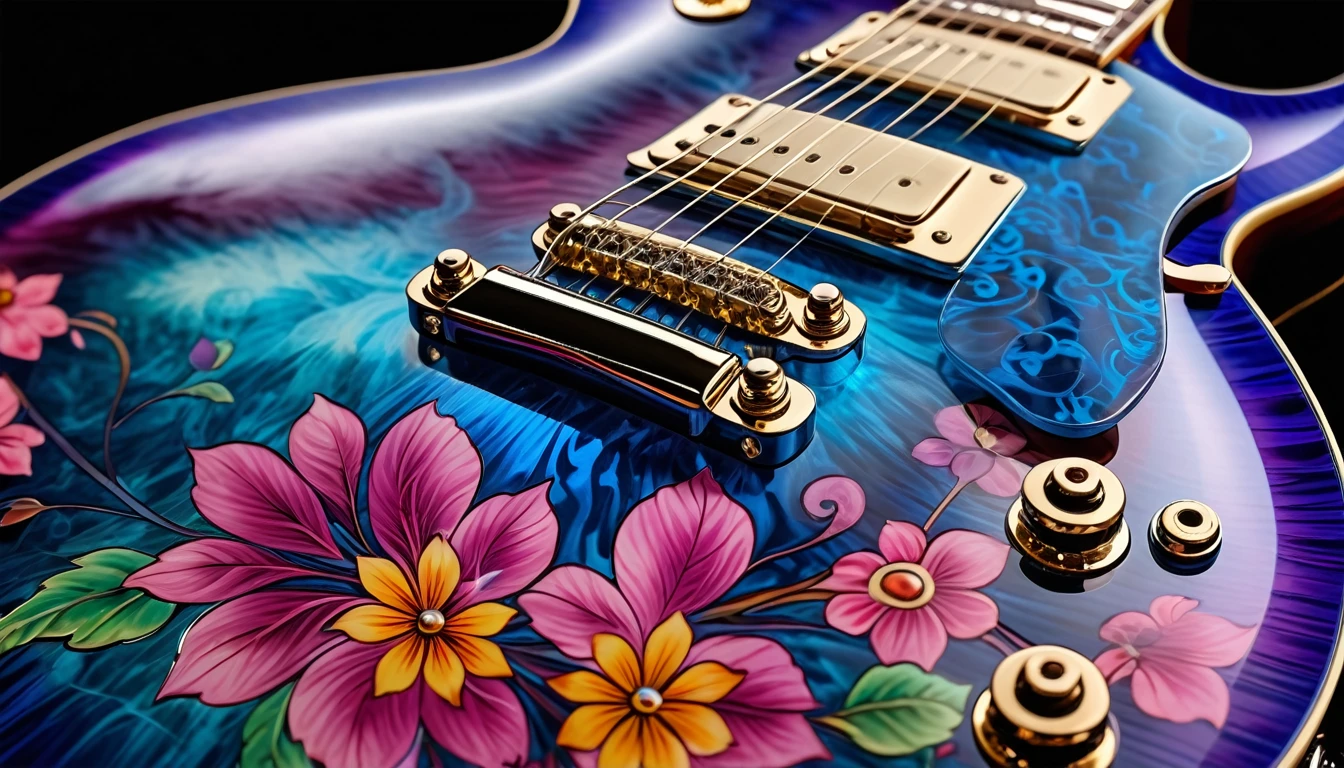 、Shiny burst shred intricate detail smooth transparent sapphire Gibson Les Paul guitar close up, Wrapped in vibrant translucent floral swirls, chromium, 8K, Specular Highlights,