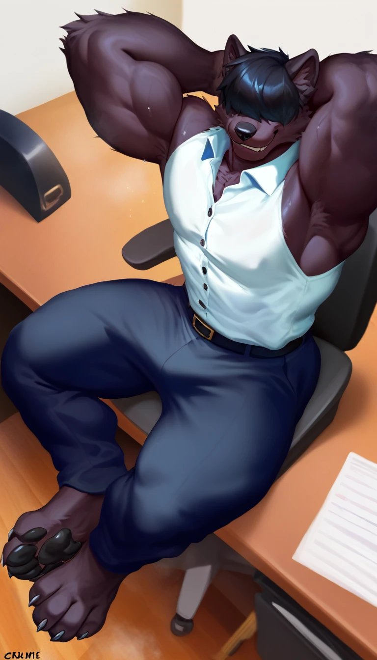 digital anime, score_9, chunie, darkgem, zoroj, lineart, warm tones, portrait, from above, sidelighting, dim light particles 1boy, black panther, furry, solo, paws behind head, paw pads, sitting behind desk, black fur, sweat, muscular and thick, thighs in pants, (long waist length black hair flowing), (bangs over eyes), smirking, office cubicle, white office clothes, black pants, vivid tie indoor, desk, chair, closeup,