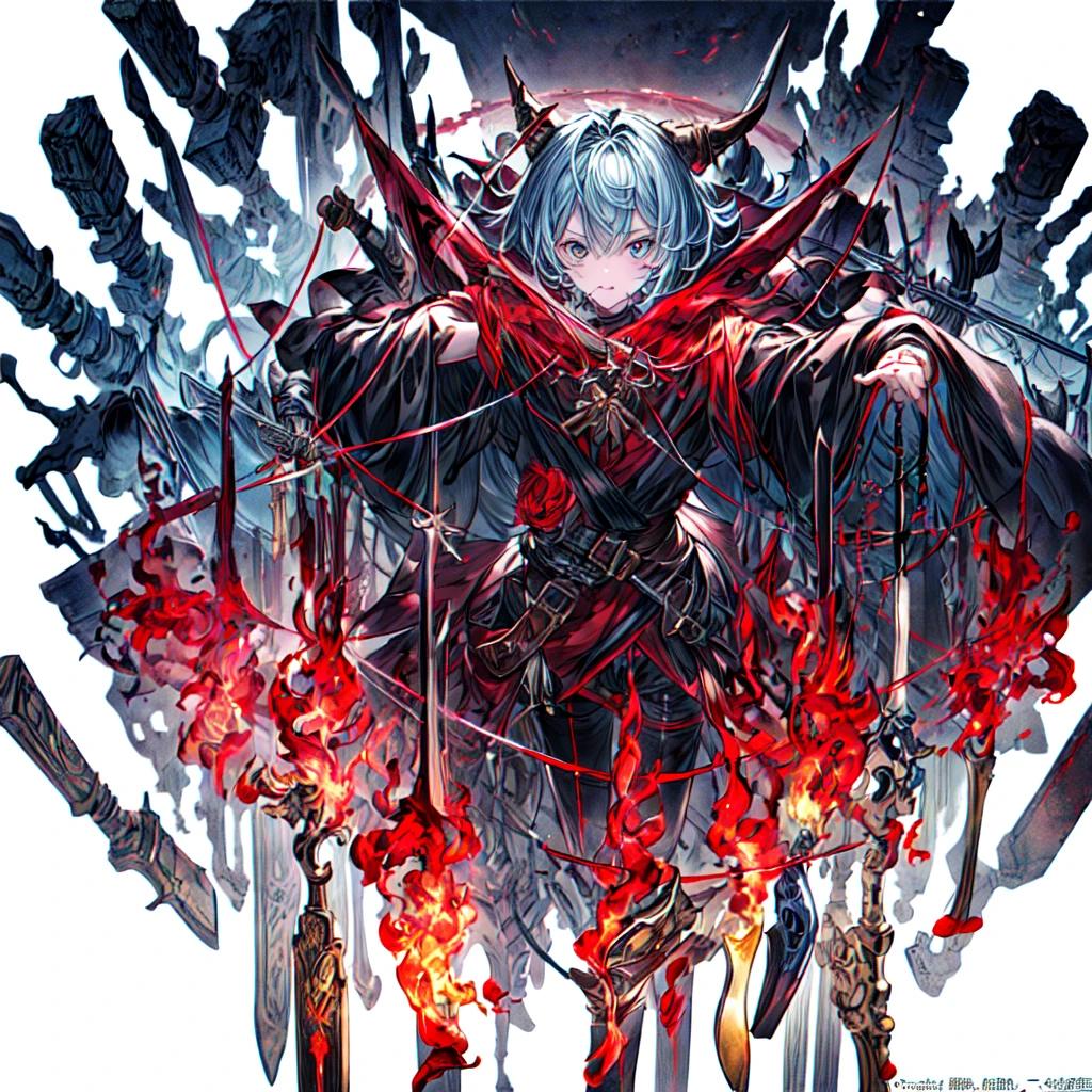 One girl、Dynamic configuration、[17277fbe68],threatened hideo、high quality、Maximum details、(((最high quality、最高masterpiece、Official Art、最高のDynamic configuration)))、(Thin Hair)、(Tabletop, 最high quality), Very detailed, Anime Style, Concept Art、whole body, (masterpiece), 最high quality, Fantasy art,whole body、masterpiece、最high quality、(colorful)、（Beautifully detailed eyes and face）、Cinema Lighting、Extremely detailed CG、Super huge、whole body、wallpaper、Uniforms with weapons in Wonderland, (((Everybody wears black and red ))), sheath, knife, 美しい彫刻がほどこされた日本knife, knife, 黒いknife,weapons,Barren Land、White Background、inflammation、inflammationにつつまれたknife、inflammationと氷を操る少女、