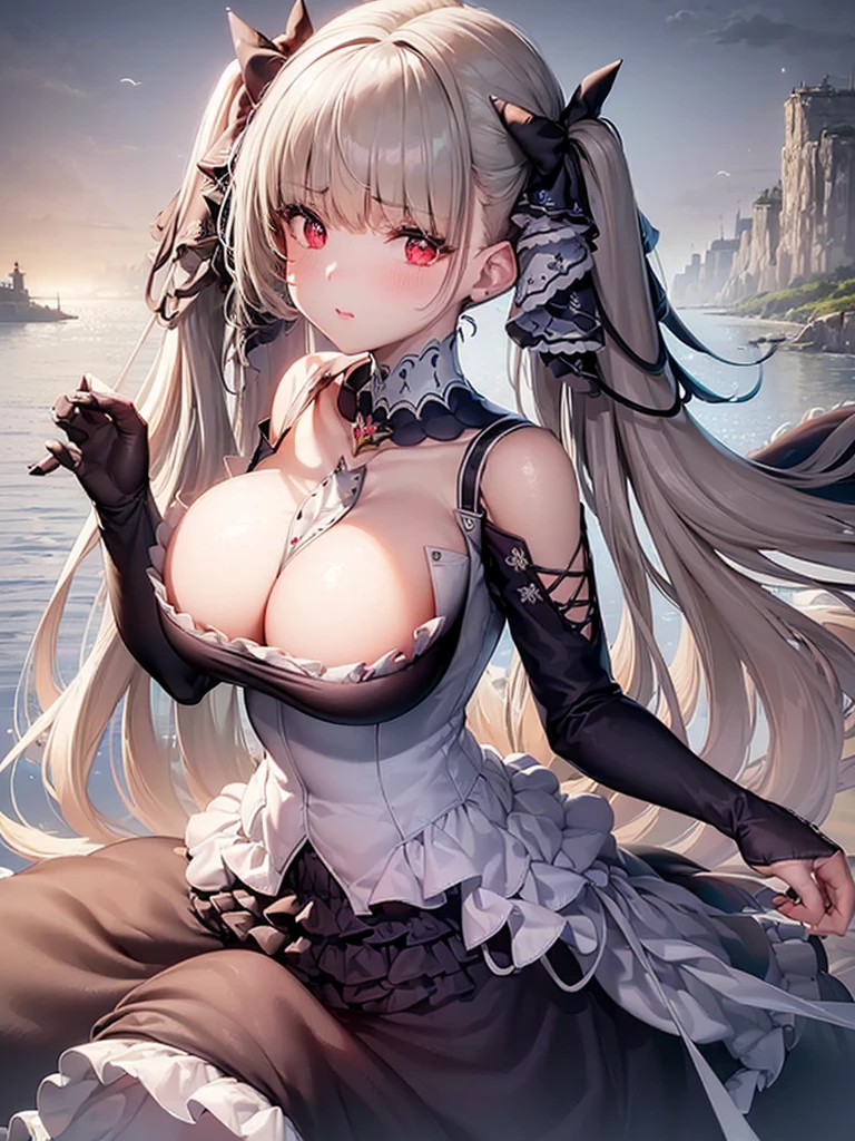 ((dress_default, terrific_default)):1.5,((独奏, 1girl)) ((masterpiece,Highest quality,Highly detailed images,Beautiful images、Realistic、Dutch Angle)), (Bright lighting overall、Backlight、A fantastic atmosphere、Thick Fog、Dust flutters),(Dynamic pose、Beautiful cleavage、large breasts)1.2, ((Ocean、On the boat))
