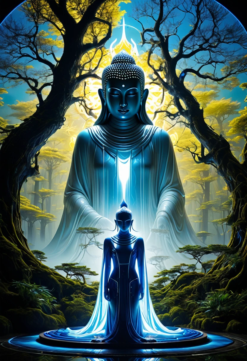 A real and terrifying work of art with an upside down,number effect, error effect,
effect error, blue neon lighting,white,yellow, very dazzlingly bright, and dazzling bright themes,
featuring mythical creatures, futuristic elements,
and gothic aesthetics,
a widow, with unique features like shining eyes, standing on a large buddha ornament, in an old forest,with giant statues all around,dramatic,ultra hd
