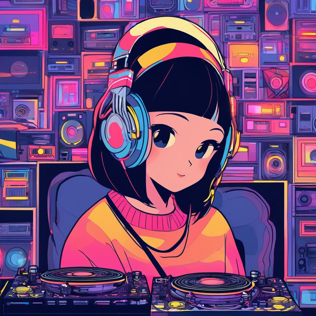 Japanese woman, bob haircut, DJing, headphones, turntable, room, alone, cozy, lights, music, energetic, focused, modern, stylish, casual outfit