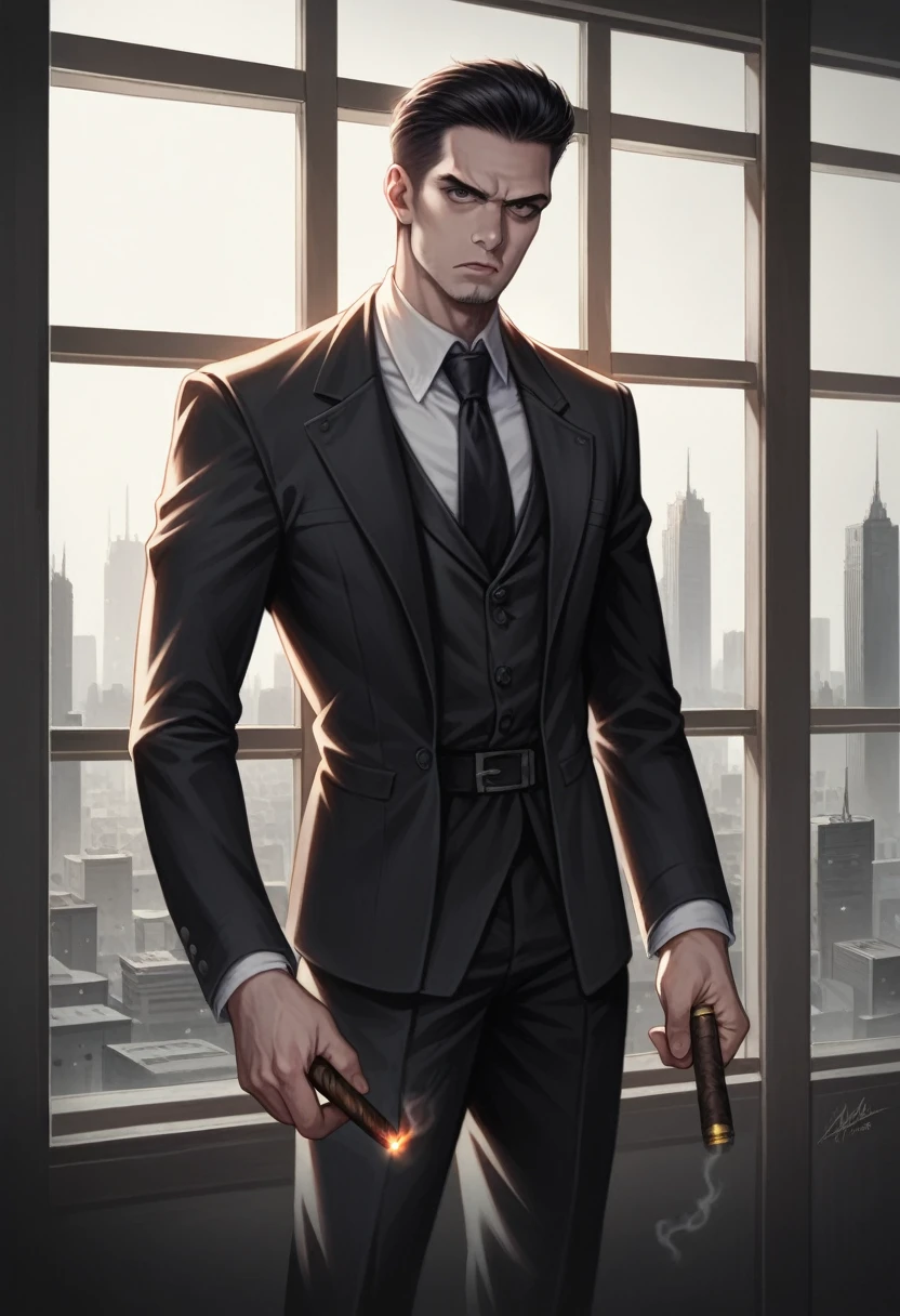 a serious mafia boss izumi, hyper-realistic, cinematic lighting, dramatic pose, stern expression, dark suit, black tie, slicked back hair, holding a cigar, standing in front of a large window overlooking a city skyline, dramatic shadows, high contrast, 8k, photorealistic, detailed facial features, chiaroscuro lighting, moody atmosphere, cinematic composition