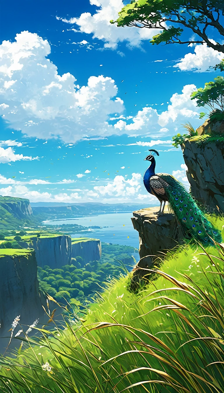 a peacock sitting under a tree near a cliff in a meadow , seeing a vast blue sky with fluffy clouds and brush strokes , tall grasses stones, , makoto shinkai cyril rolando, anime art wallpaper 4k, anime art wallpaper 4k, animated background, anime art wallpaper 8K, animated background art, Anime Landscape Wallpaper, amazing wallpaper, HD wallpaper, 4k anime wallpaper, 4k anime wallpaper, Aries Moross art,art by Bob Byerley , AshleyWoodArtAI, greg rutkowski