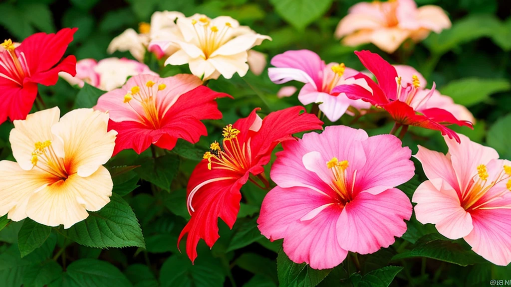 Rainbow Hibiscus featuring multi-colored petals in stunning combinations of red, pink, orange, yellow, and white. These eye-catching flowers have a prominent central stamen, adding an exotic and cheerful touch to any garden or indoor space.