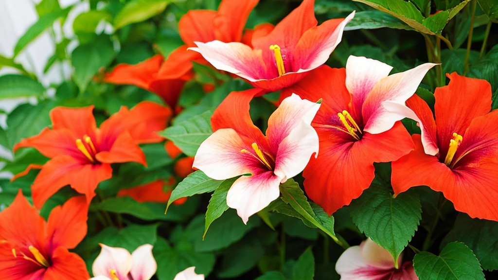 Rainbow Hibiscus featuring multi-colored petals in stunning combinations of red, pink, orange, yellow, and white. These eye-catching flowers have a prominent central stamen, adding an exotic and cheerful touch to any garden or indoor space.